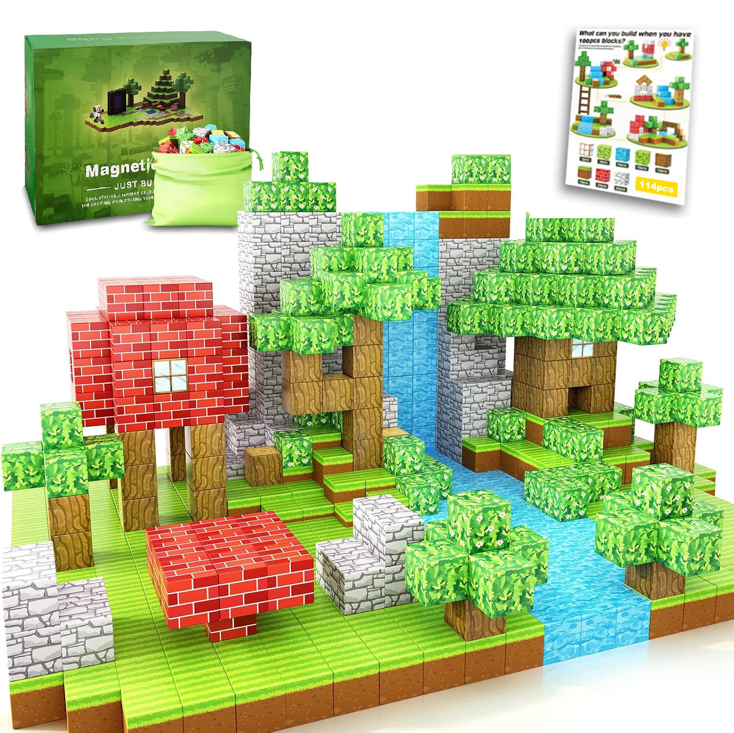 114 Pcs Magnetic Blocks Adventure Game, Build Mine World Set for Boys & Girls, STEM Sensory Toys for Toddlers Gifts, Classroom Must Haves Construction Toys 114 pcs Forest World