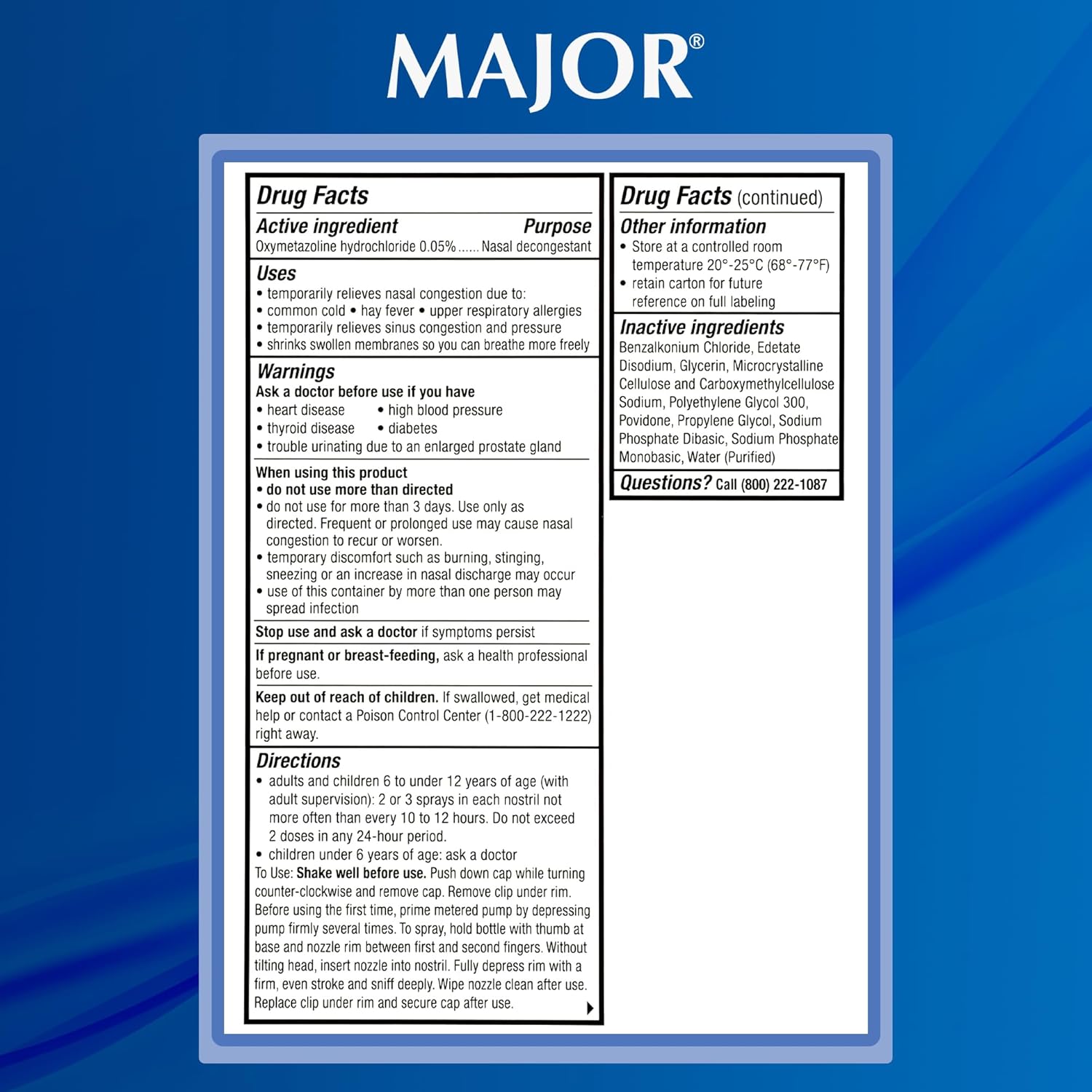 MAJOR Maximum Strength Nasal Decongestant Spray, Oxymetazoline HCl 0.05% Pump Mist, Non-Drowsy Nasal Spray, up to 12-Hour Relief from Nasal Congestion, Colds, and Allergies 1 Fl. Oz. (12-Pack)