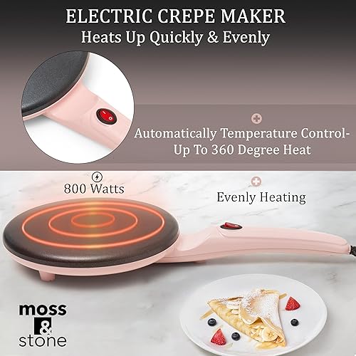Miniatura 7 de Moss & Stone Máquina eléctrica de crepas rosa de 8 pulgadas, máquina de crepas portátil e interruptor de encendidoapagado de placa caliente,