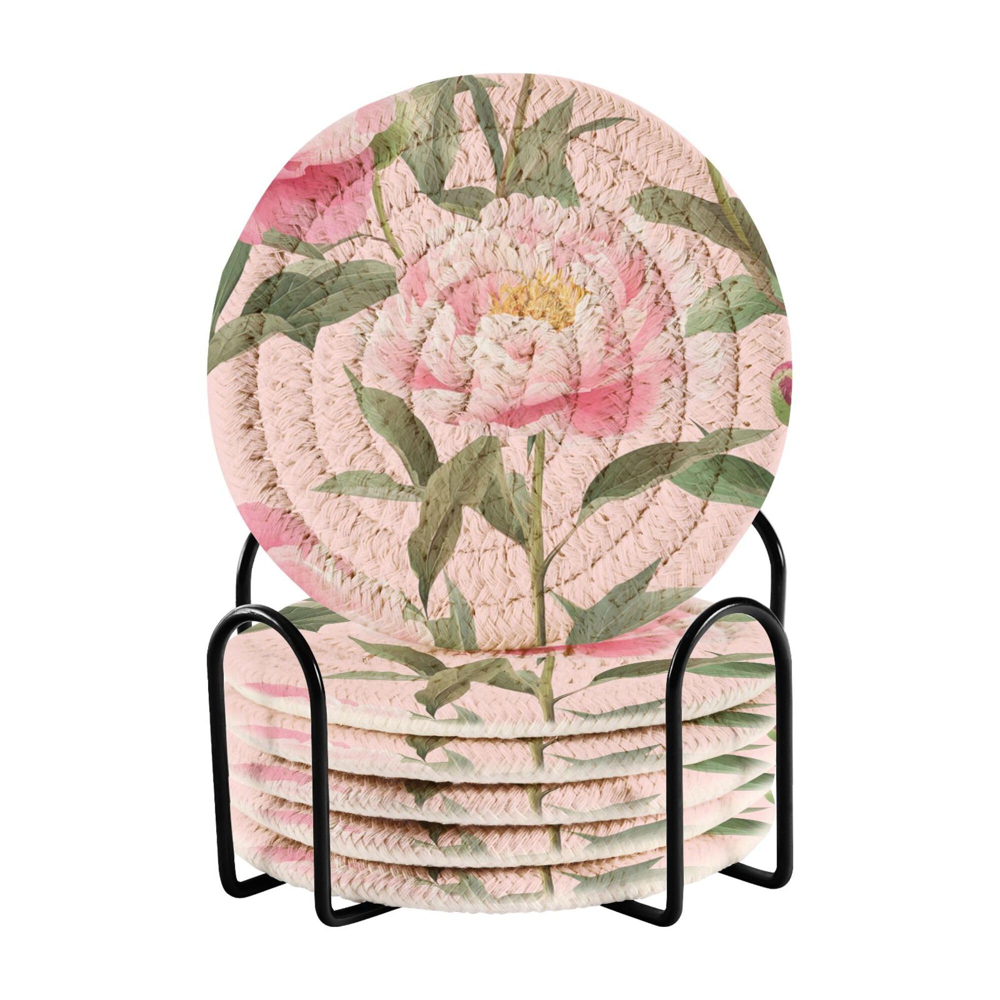 Cute Peony Peach Cotton Rope Absorbent Drink Coasters and Holder Set of 6 Home Coasters