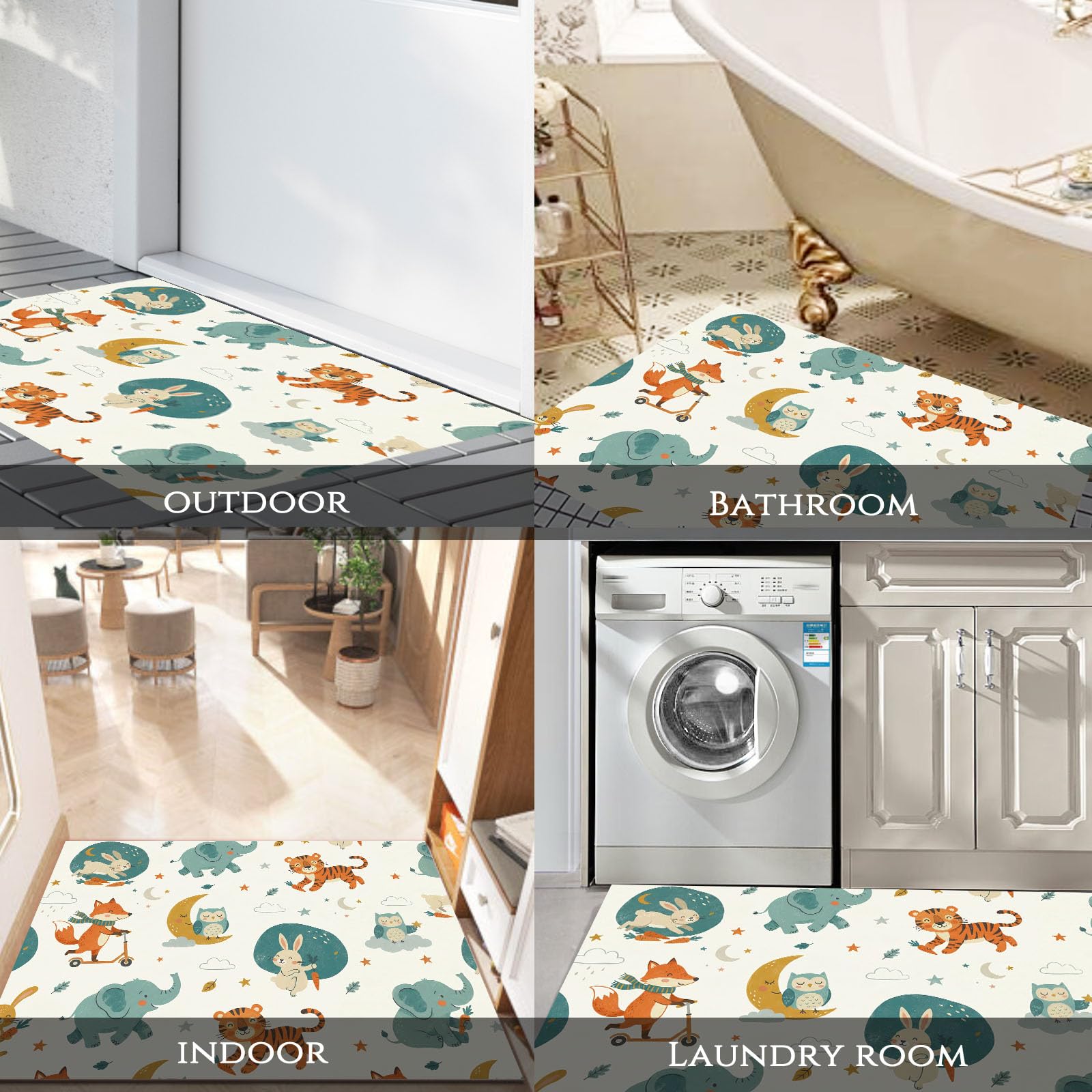 Felpudo de Entrada Conejo Elefante Luna, 80x120cm Alfombra para Puerta Animales Nocturnos Bosque, Antideslizante, Lavable Alfombrilla para Atrapar Suciedad para Pasillo, Cocina, Dormitorio