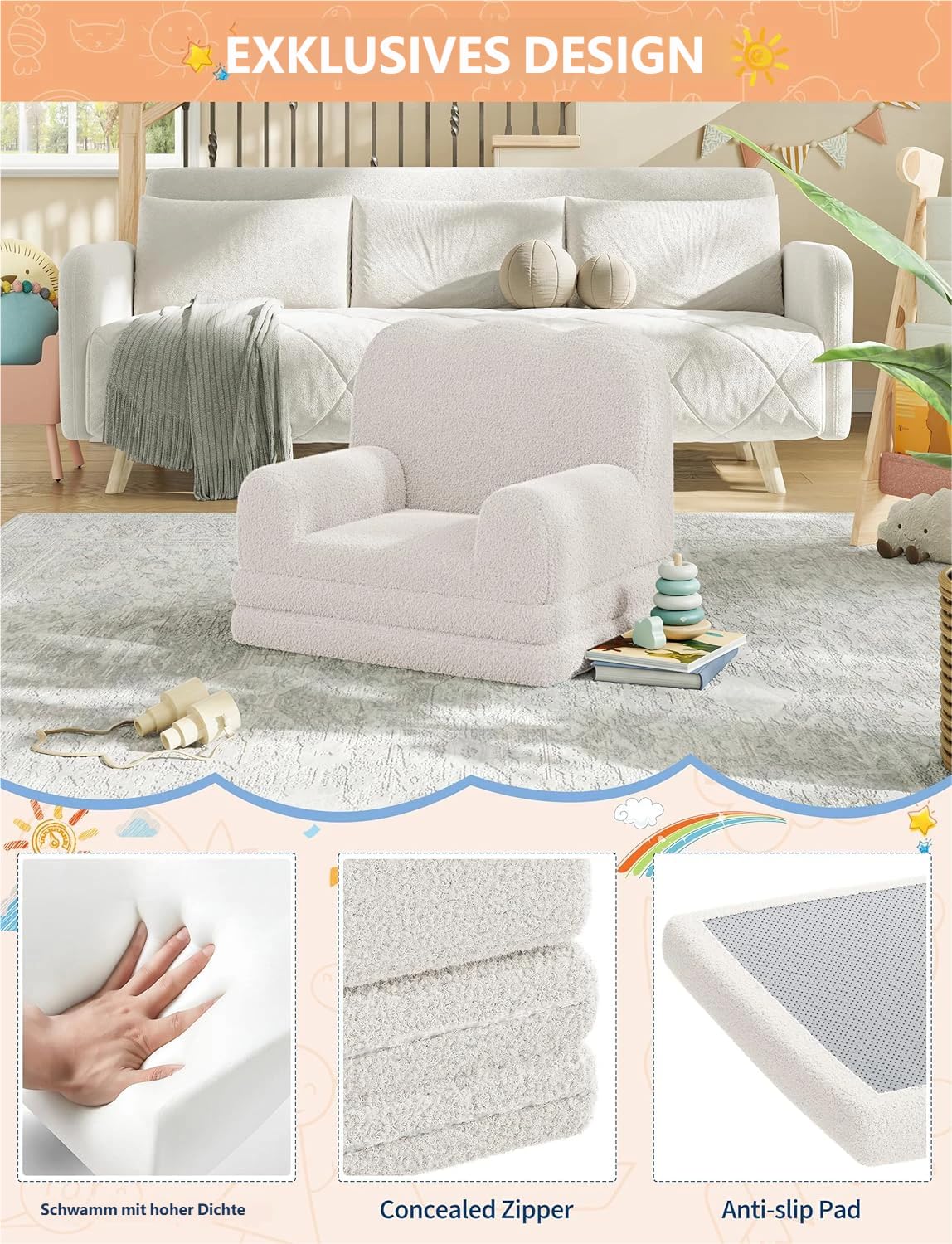 Garvee Kindersofa Ausklappbar 2-in-1 Kindersessel, Soft Sherpa Spielsofa für Kleinkinder, Weißes Wellendesign, Bequemes Sofa zum Schlafen und Spielen, Kinderzimmer Möbel, rutschfest