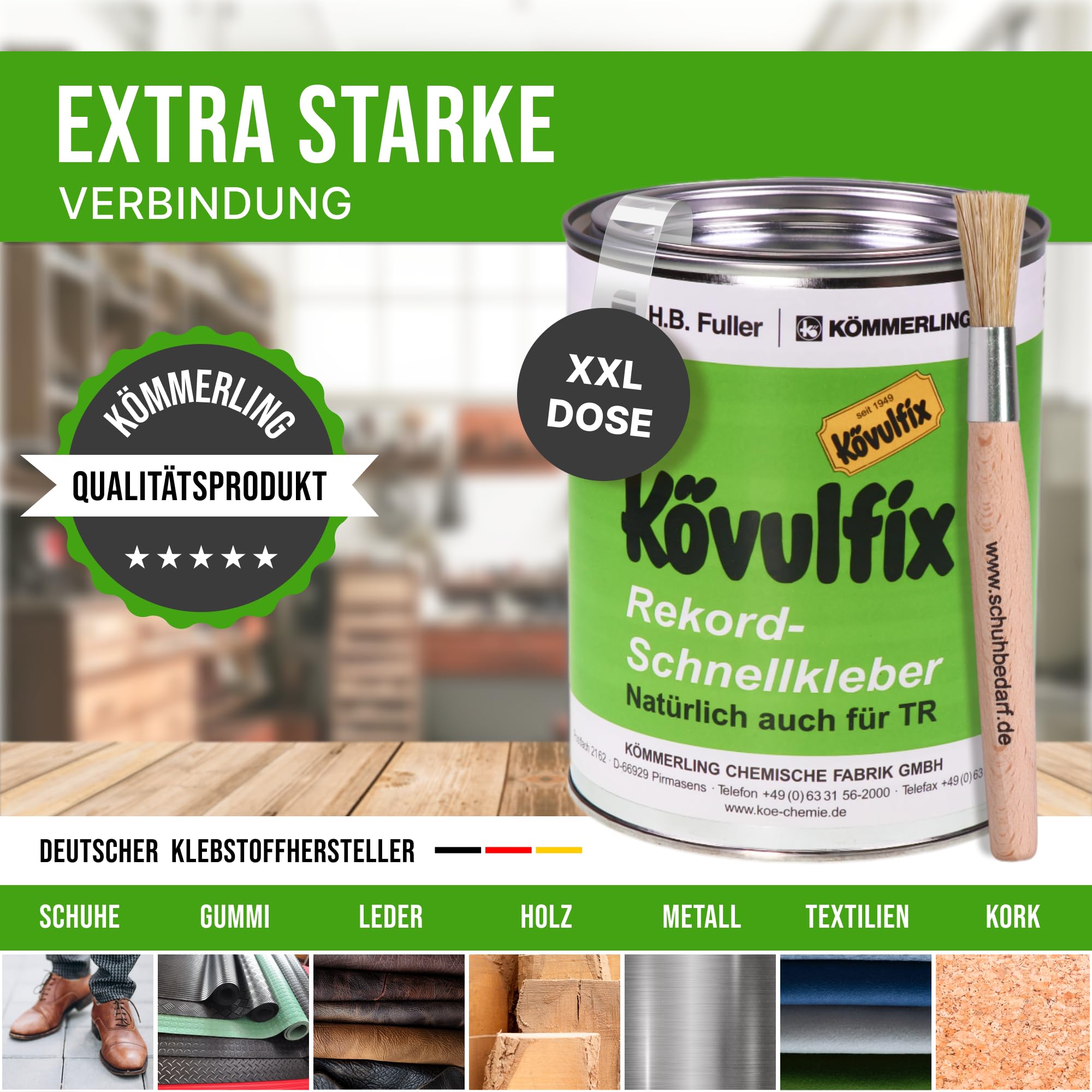 Kövulfix Kontaktkleber - Extragroße Dose Veganer Kraftkleber - 600g Kövulfix Rekord Schuhkleber extra stark wasserfest mit Klebstoffpinsel - der flexible Sohlenkleber Lederkleber made in Germany