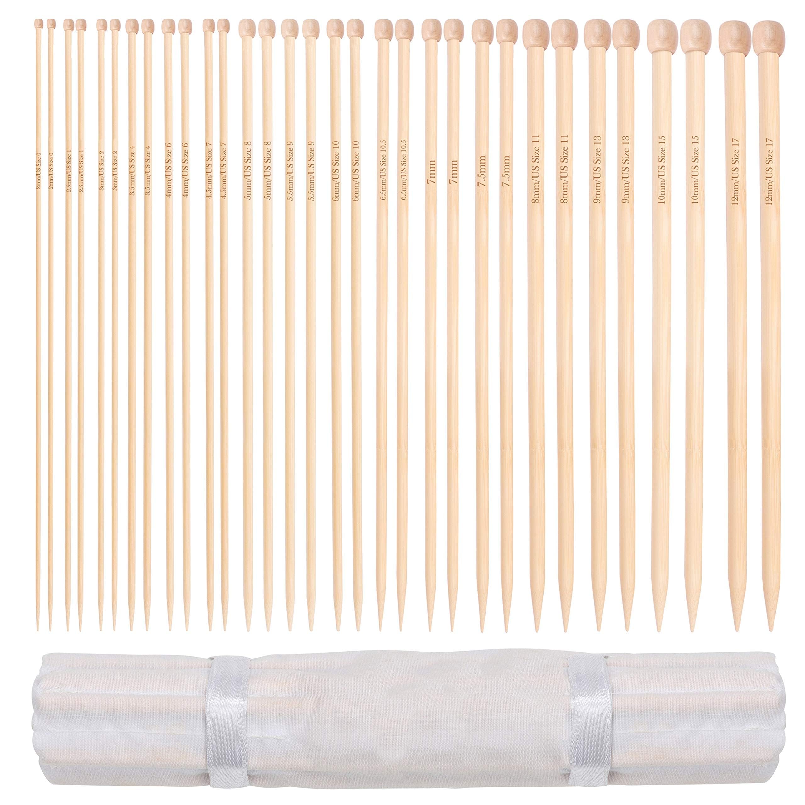 Curtzy Bamboo Knitting Needle Set - 16 Pairs of Wooden Straight Knitting Needles with Storage Case - Single Pointed in Sizes 2mm - 12mm - Each Needle Measures 34cm/13.5 inches - Beginners to Experts