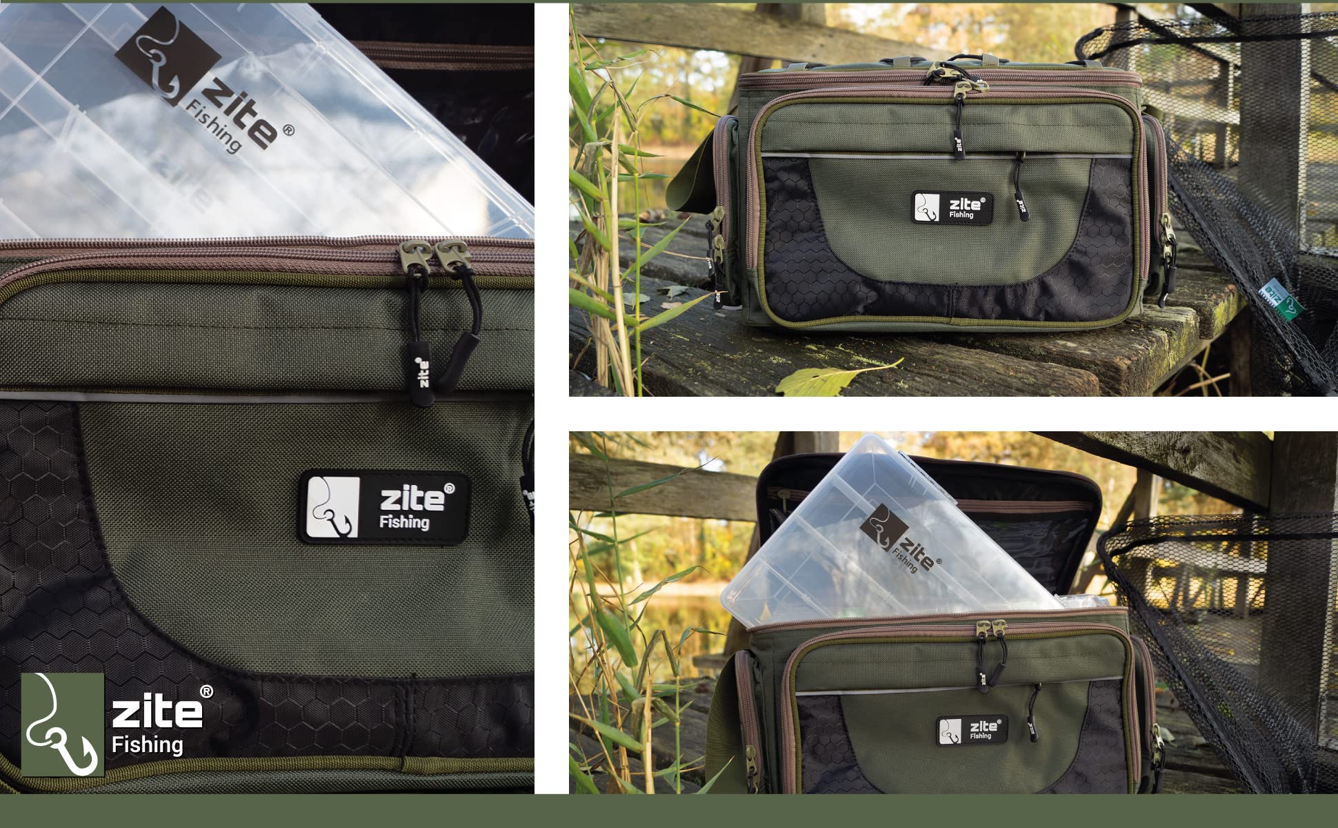 Zite Fishing Angeltasche mit Boxen [4 Köder-Boxen inkl] Umhängetasche als Angelkoffer-Rucksack Alternative, Angeltaschen/Fishing Bag, Angler Tasche, Angeltasche groß, Angeln-Tasche