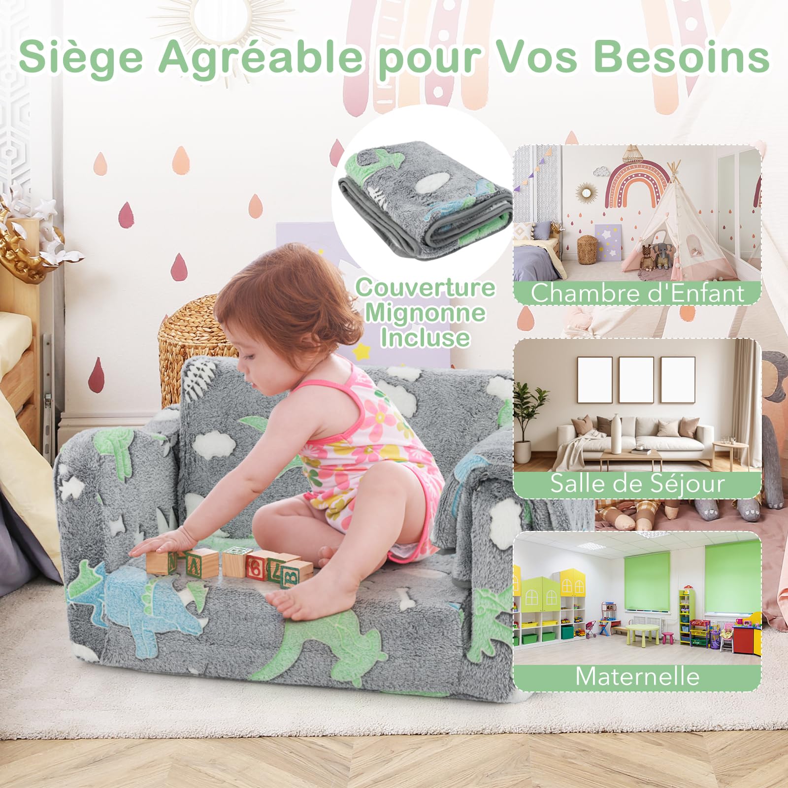 DREAMADE Canapé Enfants Brille dans Le Noir,2 en 1 Canapé Convertible Tout-Petits avec Couverture,Housse Amovible&Lavable en Machine,Fauteuil Pliable pour Garçons Filles 3+Ans (Gris+Dinosaure)