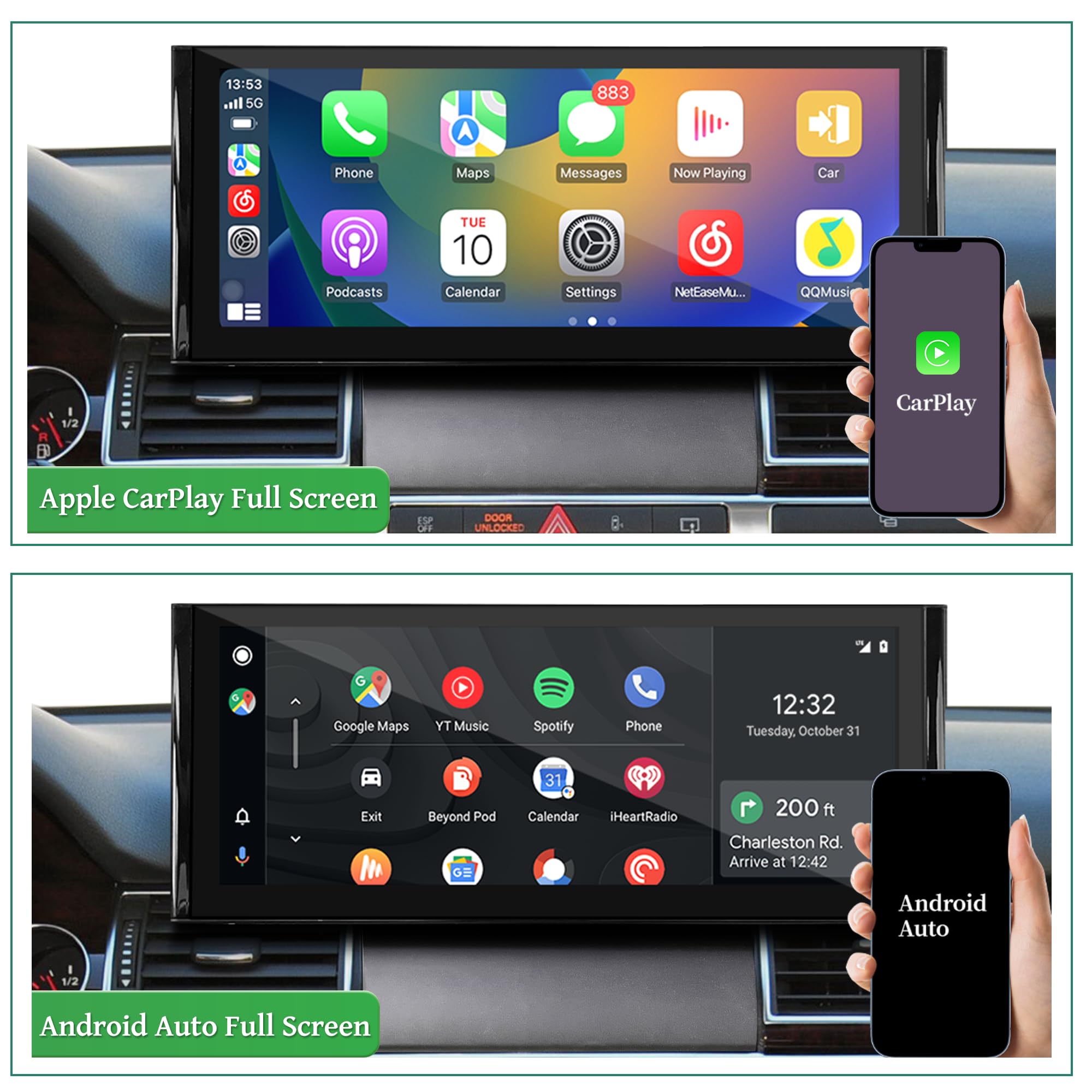12,3-calowy ekran Android do Audi A8 S8 RS8 D3 MMI 3G, bezprzewodowa CarPlay, Android Auto, lustrzane odbicie ekranu, podzielony ekran, Wi-Fi, nawigacja, muzyka, kamery samochodowe, aplikacja, Netflix