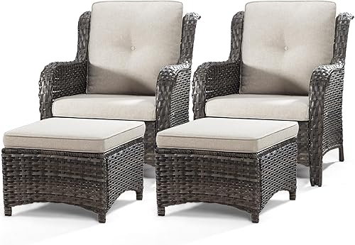 Miniatura 91 de Juego de 2 sillas de patio giratorias de 360 grados para exteriores y mesa auxiliar a juego – 3 sillas deslizantes de mimbre para patio con cojines