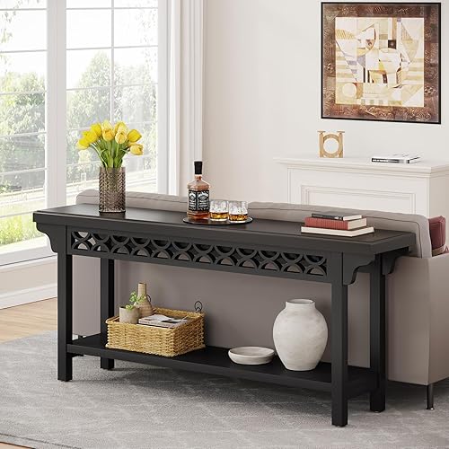 Miniatura 13 de Tribesigns Mesa consola larga de madera maciza de 70.8 pulgadas, mesa de entrada de granja con almacenamiento, mesa de sofá estrecha color gris para