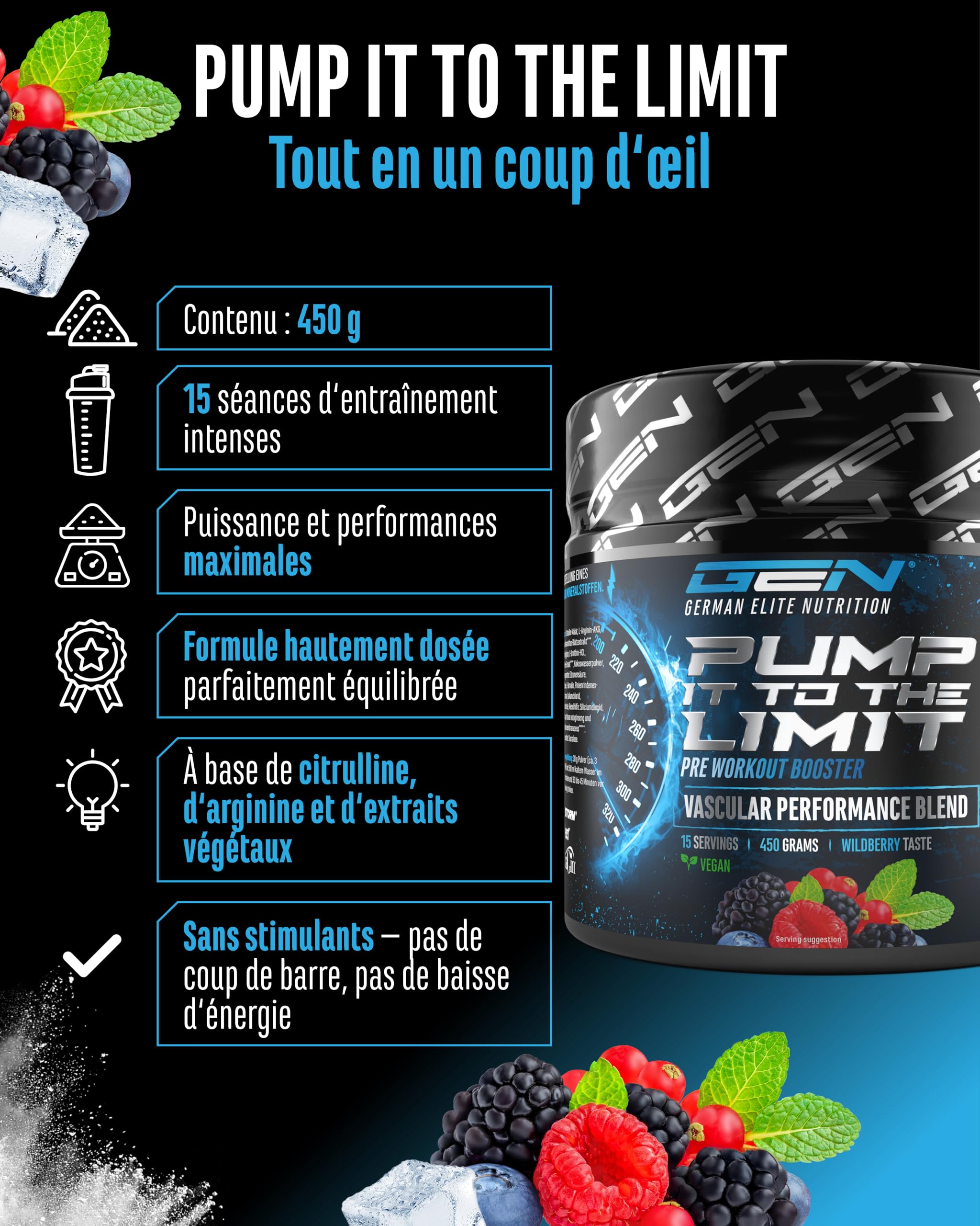 Pump it to the Limit - Pump Booster Sans Caféine - Avec OxyStorm®, Sabeet®, AstraGin®, Citrulline Malate & AAKG - Pre Workout Sans Stimulants pour un Pump Maximal - 450 g Wildberry
