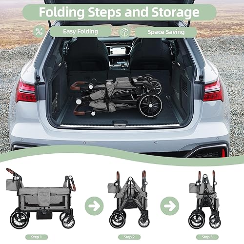 Miniatura 6 de Cochecito para 2 niños, carrito plegable para niños con arneses, mango doble ajustable de empuje, toldo extraíble, bandeja para aperitivos, bolsa de