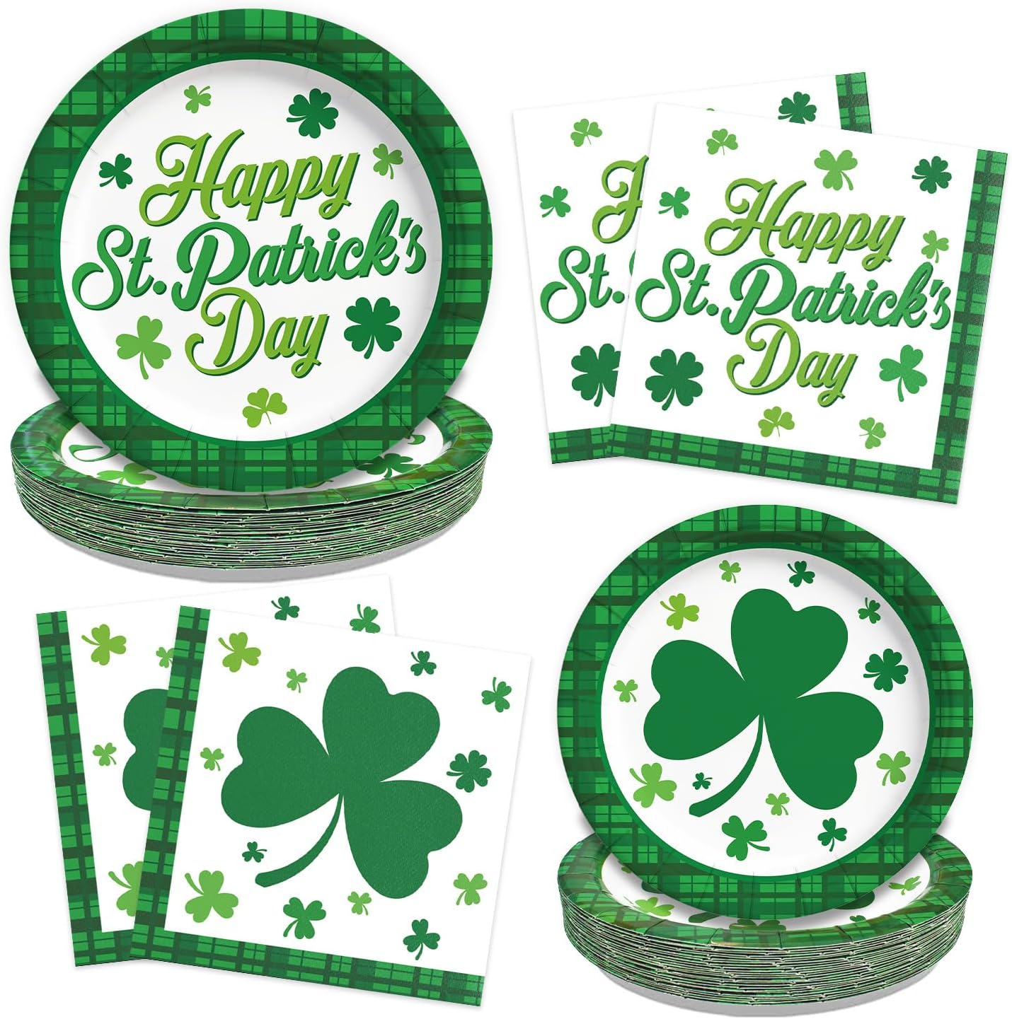St. Patrick' s Day Disposable Plates and Napkins Set(Sever 50) - 150 Pcs Green Shamrock Themed Party Supplies, Irish Dinnerware for Lucky Celebration, Festival, Decorations