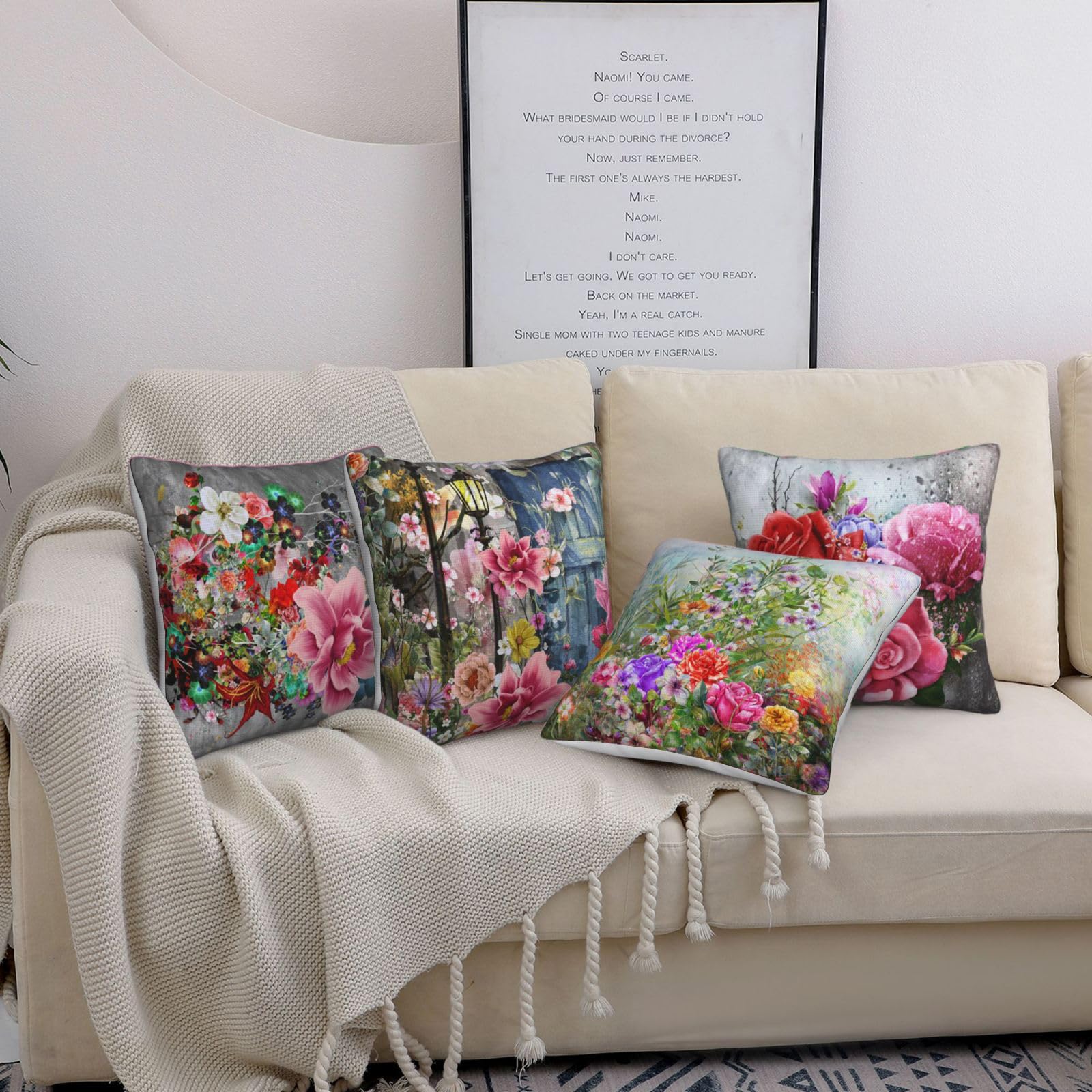 Federe Decorative Cotone Lino Set Di 4 Federe Per Cuscino In Cotone E Lino - 50x50 Cm, Motivo Fiori Rossi - Lavabili, Con Cerniera Nascosta Biancheria Casa Elegante