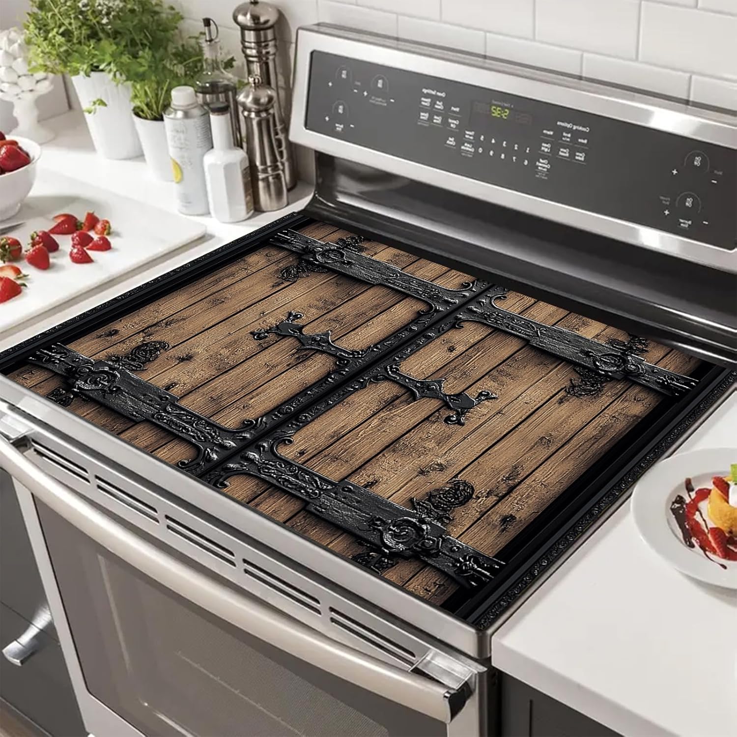 HOMETITUTE Stove Top Covers Pad Dish Drying Mat 28 x 20 inches Retro Style Wooden Door Mat Stove Protection Pad Kitchen Decorations for Dishes Sinks Coffee Machine