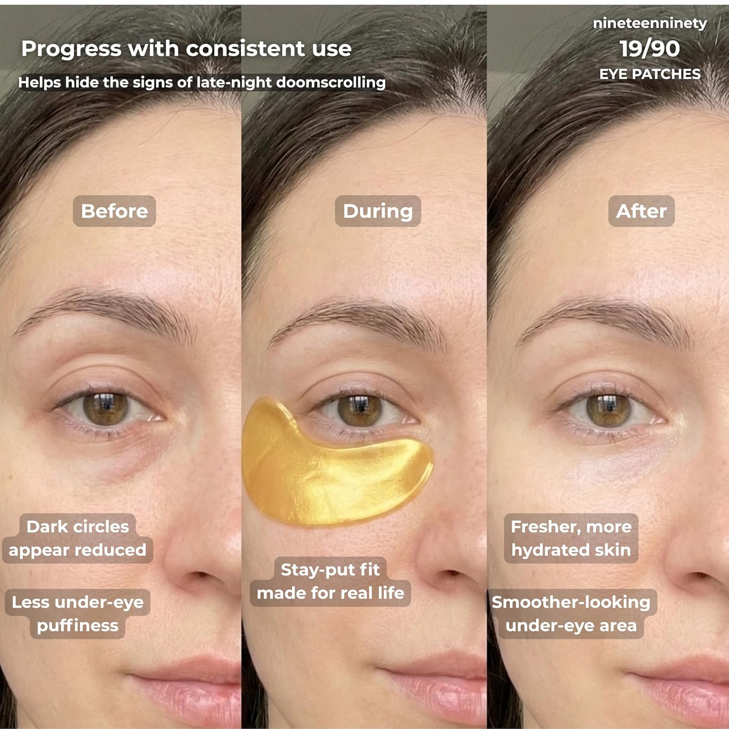 19/90 Under Eye Patches for Dark Circles & Puffiness – Hydrogel Eye Masks with Caffeine, Niacinamide & Collagen – Helps Reduce the Look of Bags & Fine Lines, Gold, (15 Pairs) - Image 2