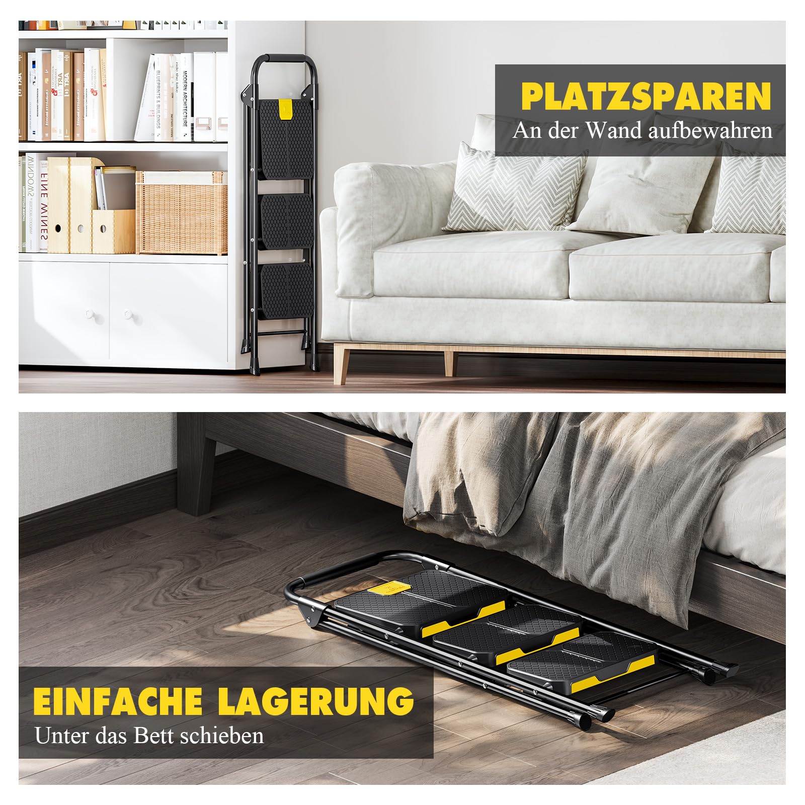 KINGRACK Leiter 3 Stufen, trittleiter 3 Stufen klappbar, haushaltsleiter mit rutschfestem, breitem Pedal und Handläufen, leichte Haushaltsleiter für Küche, Vorratskammer, Schränke, Büro(Schwarz)
