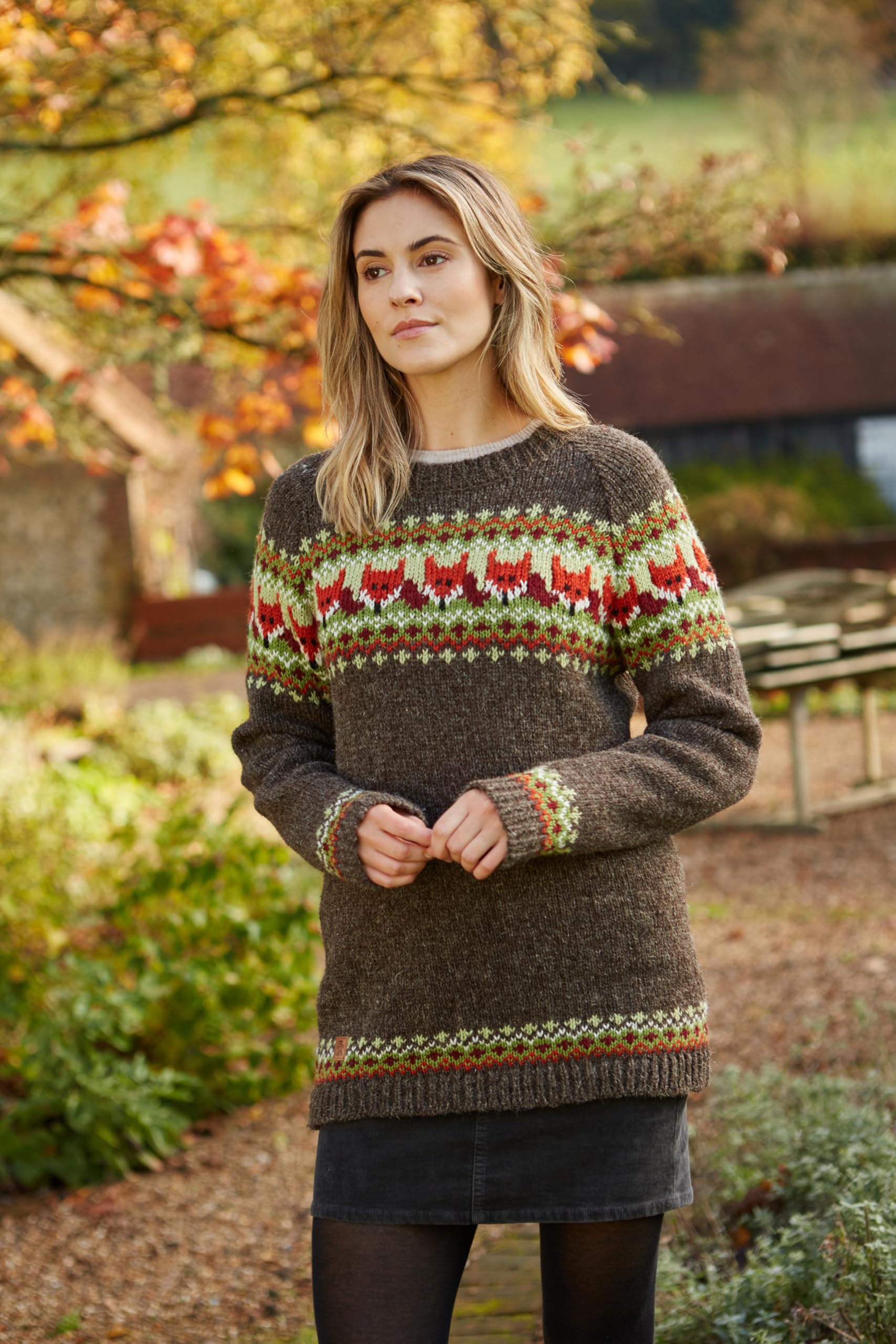 Pachamama Maglione da donna in lana lavorato a mano con volpe marrone multicolore fatto a mano spesso maglione caldo maglione commercio equo e