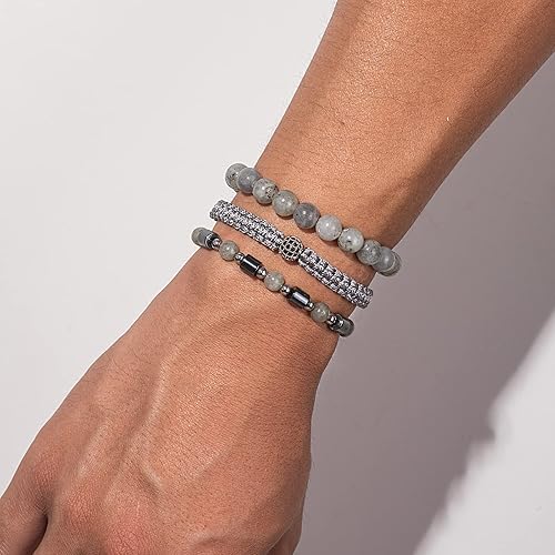 Miniatura 6 de Juego de pulseras de cuentas para hombre de 0.315 in y 0.157 in de piedras preciosas curativas trenzadas con dije de circonita cúbica, pulsera de