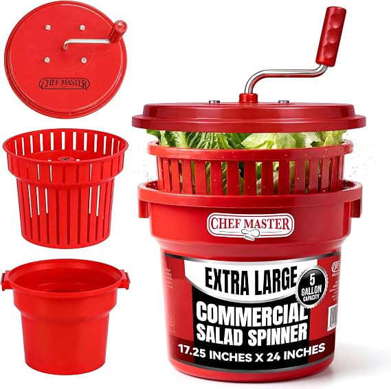 5 Gallon Chef Master Commercial Salad Spinner Dryer Hand Powered Manual Lettuce Spinner and Fruit Washer Bowl w/ Strainer - Sealed Gearbox, Built In Brake System - Durable Spinner Mechanism - 90005