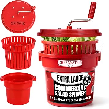 5 Gallon Chef Master Commercial Salad Spinner Dryer Hand Powered Manual Lettuce Spinner and Fruit Washer Bowl w/ Strainer - Sealed Gearbox, Built In Brake System - Durable Spinner Mechanism - 90005