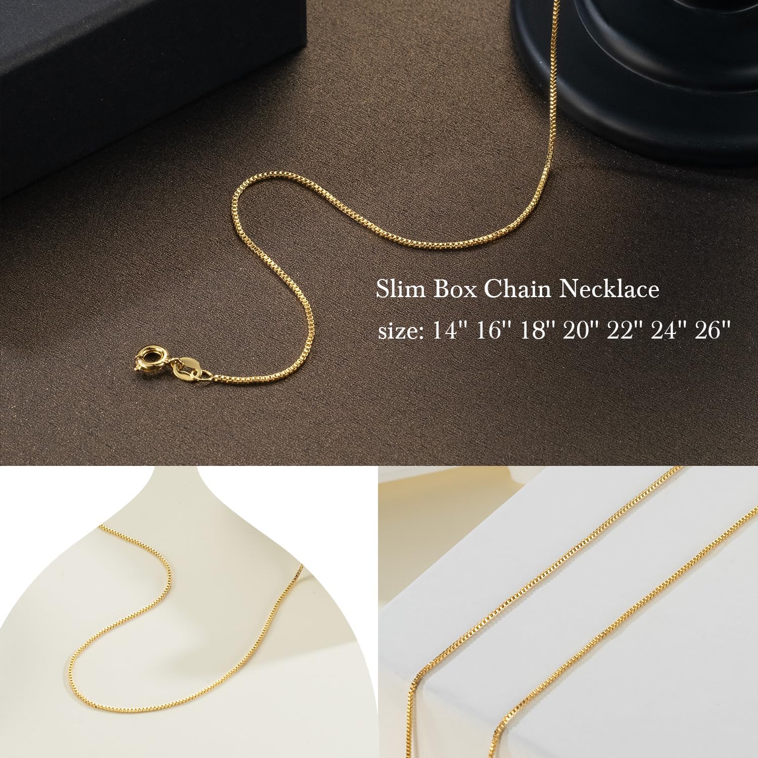 14K Gold Necklaces for Women 0.8/1/1.2mm Gold Box Chain Necklace for Women Box Chain for Men Delicate Square Links Dainty Chains Choker Necklace for Womens Modern Style 14in-16in