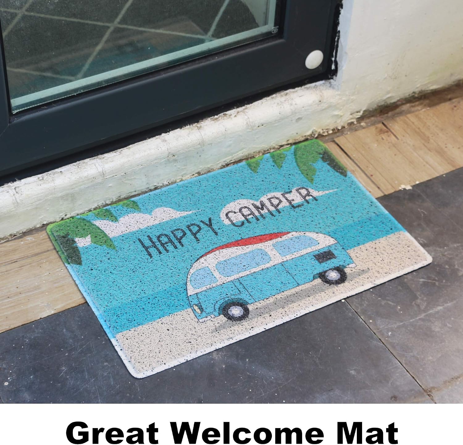 Aucuda Happy Camper Funny Door Mat Rug Welcome Mat for Front Door, RV, Camper,Fall Door Mat Outdoor,23.6" x 15.7",Traps Dirt and Liquid,Blue