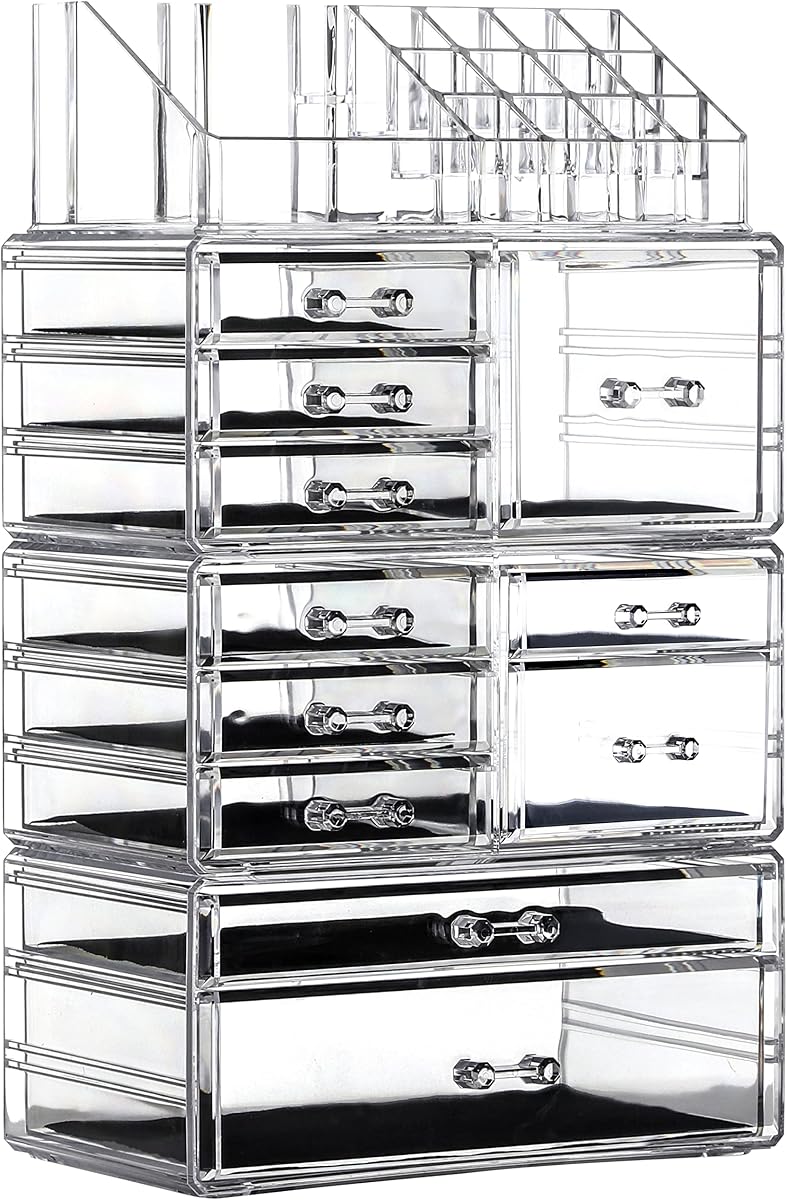 Makeup Organizer Skin Care Large Clear Cosmetic Display Cases Stackable Storage Box With 11 Drawers For Vanity,Set of 4