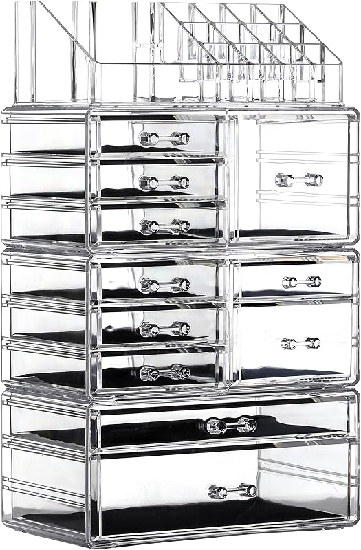 Makeup Organizer Skin Care Large Clear Cosmetic Display Cases Stackable Storage Box With 11 Drawers For Vanity,Set of 4