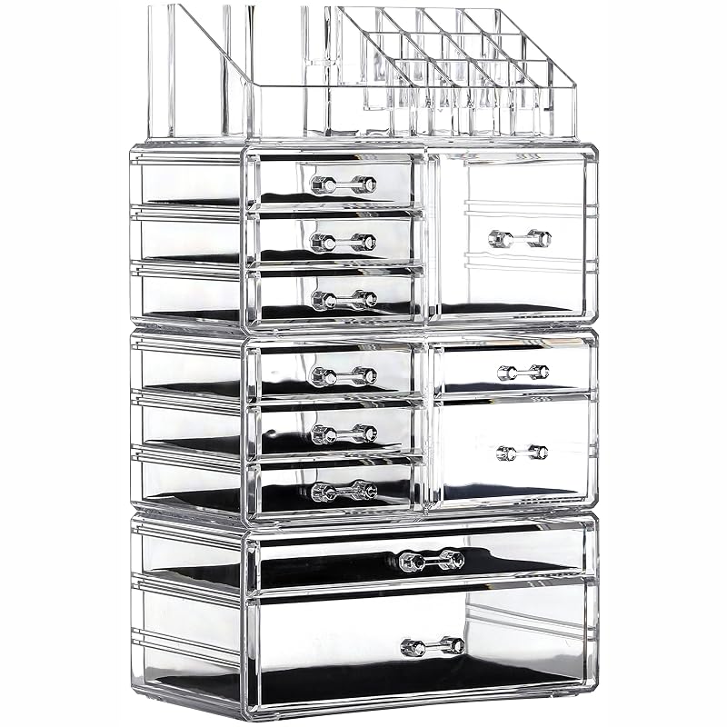 Organizador de Maquiagem em Acrílico Transparente Cq acrylic com 11 Gavetas e Suporte com 16 Espaços, Empilhável, Conjunto com 4