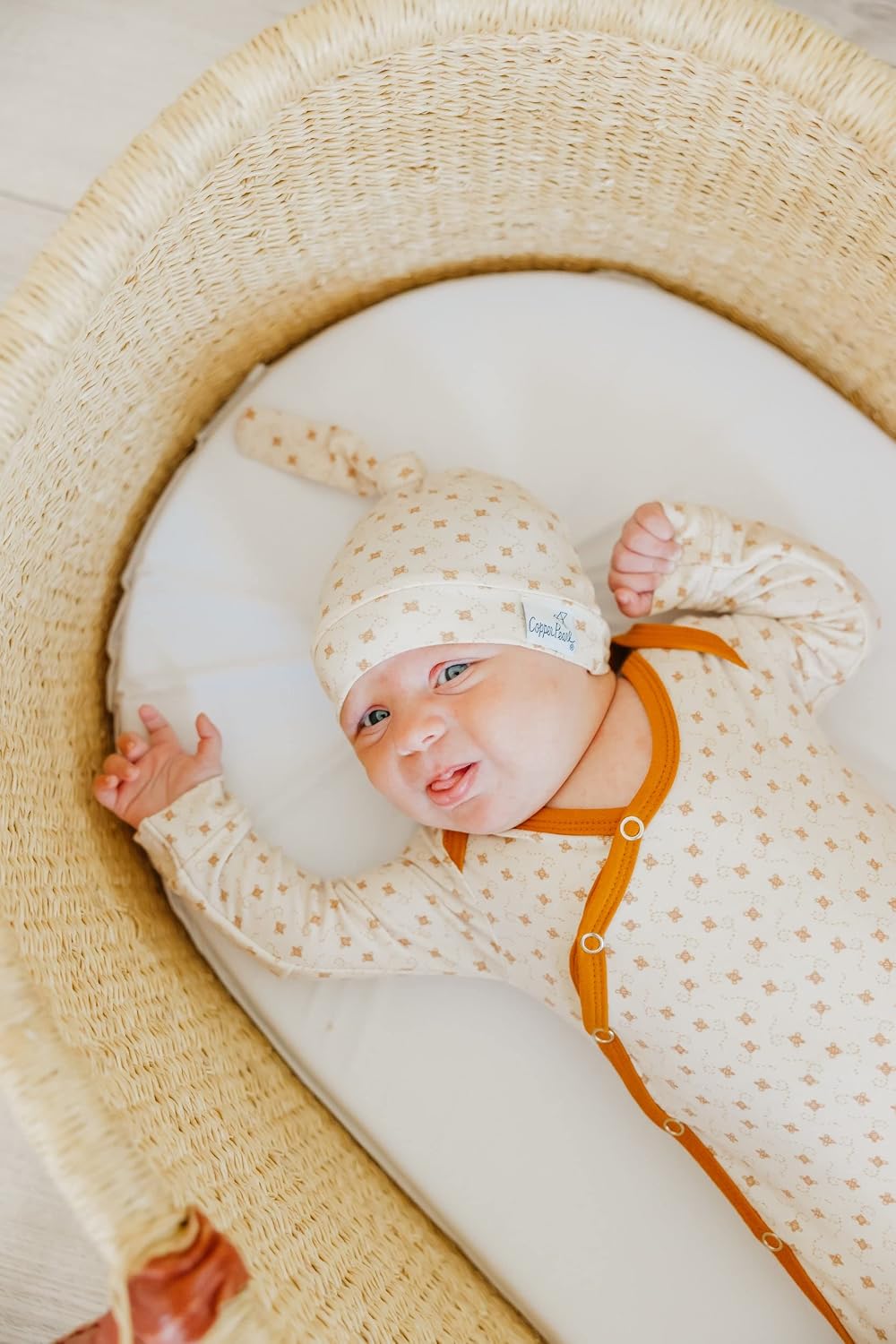 Copper Pearl Baby Gown - Knotted Newborn Sleepers for Baby Boy and Girl, Soft Stretchy Long Sleeve Infant Gowns with Bottom Tie and Hand Mittens, Perfect Hospital Coming Home Outfit (Hunnie)