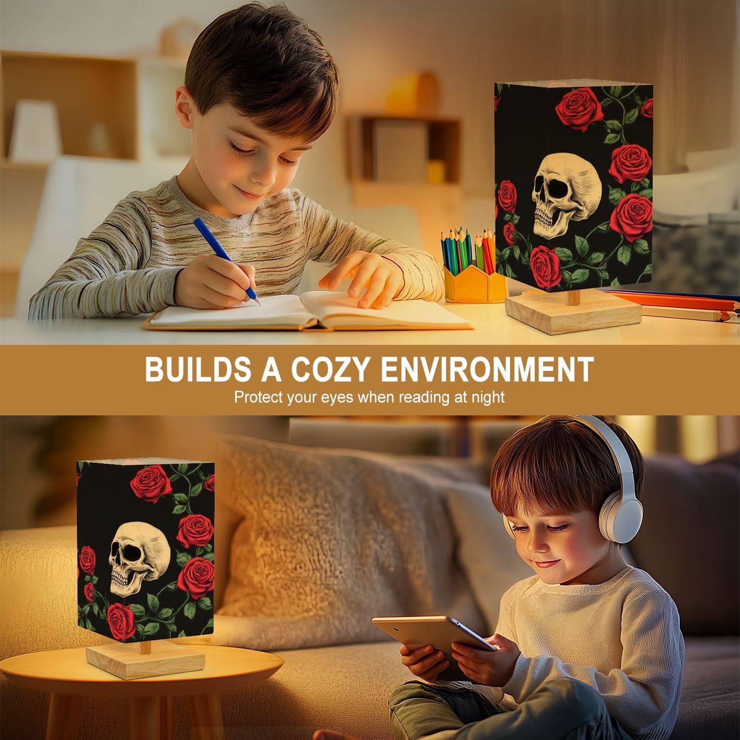 Square Table Lamp for Bedroom Skull Red Roses Black Vintage Beside Lamps Desk lamp with Wood Base Nightstand Lamps for Nursery Living Room Home Decor