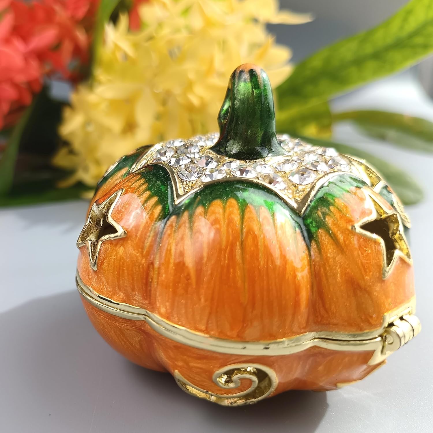Elegant Enamel and Crystal Pumpkin Decorative Box Necklace Container Earring Trinket Box Ornamental For Home & Office Decor Orange