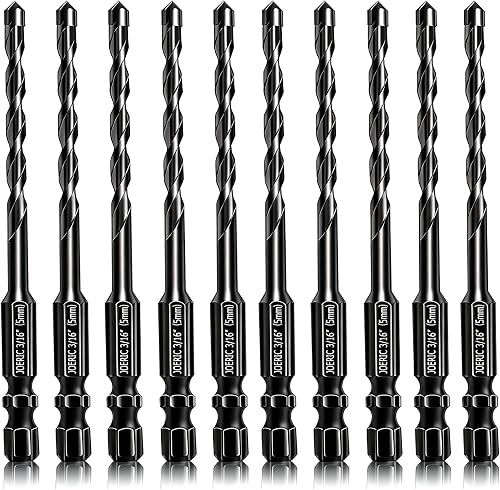 5mm Masonry Drill Bit Set 10PC 3/16” Concrete Drill Bit Set- Ceramic Brick Drill Bit Industrial Cemented Carbide Tip YG6X, Hex Shank for Glass, Soft Ceramic Tile, Mirror, Plastic.