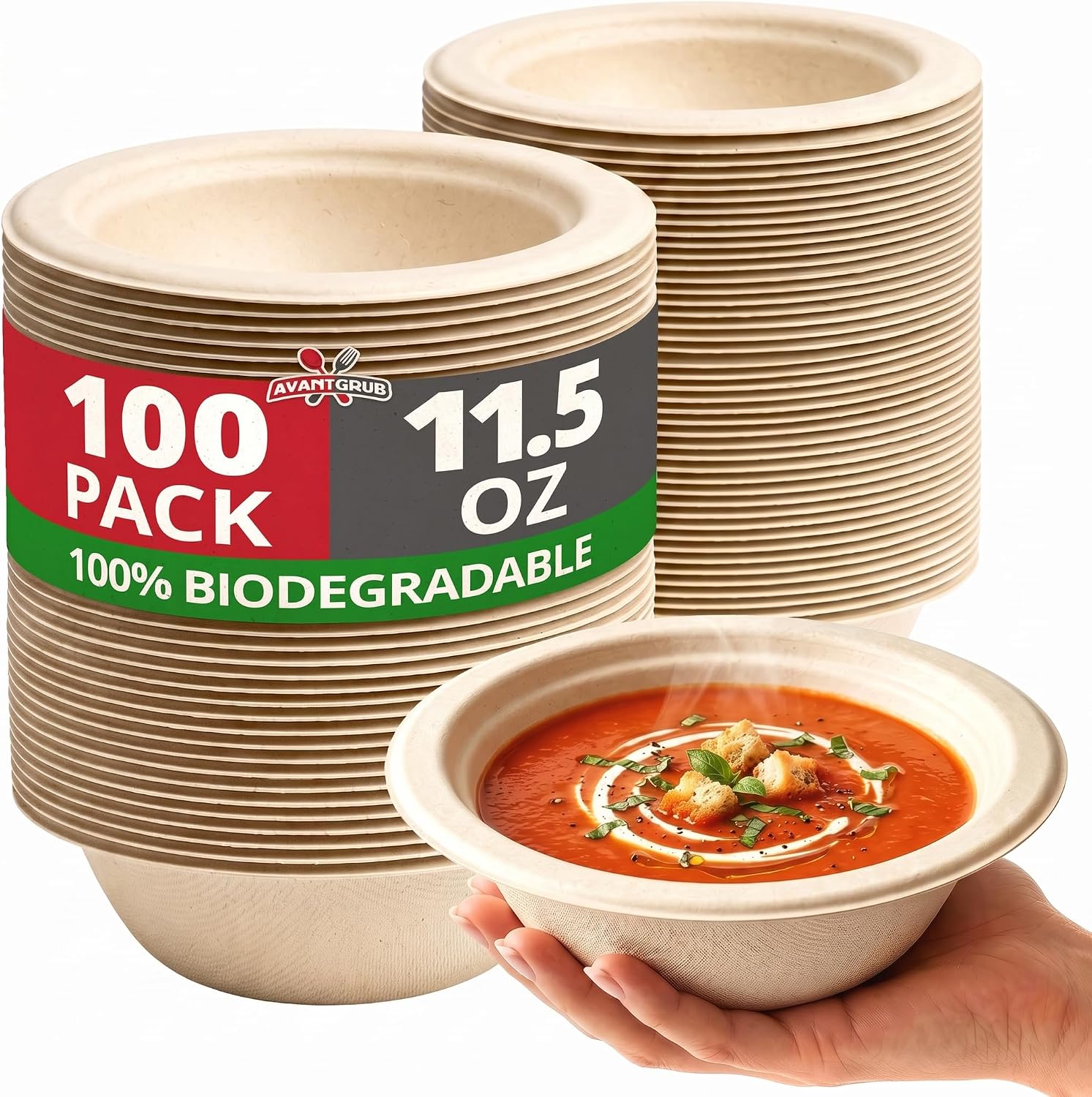 Avant Grub Wheat Straw Durable Biodegradable Leak-Proof Disposable Dishware Bowl 100 Pk. Plant-Based Gluten Free Compostable Fiber Container, Eco-Friendly, Microwavable and Safe, 11.5 Oz.