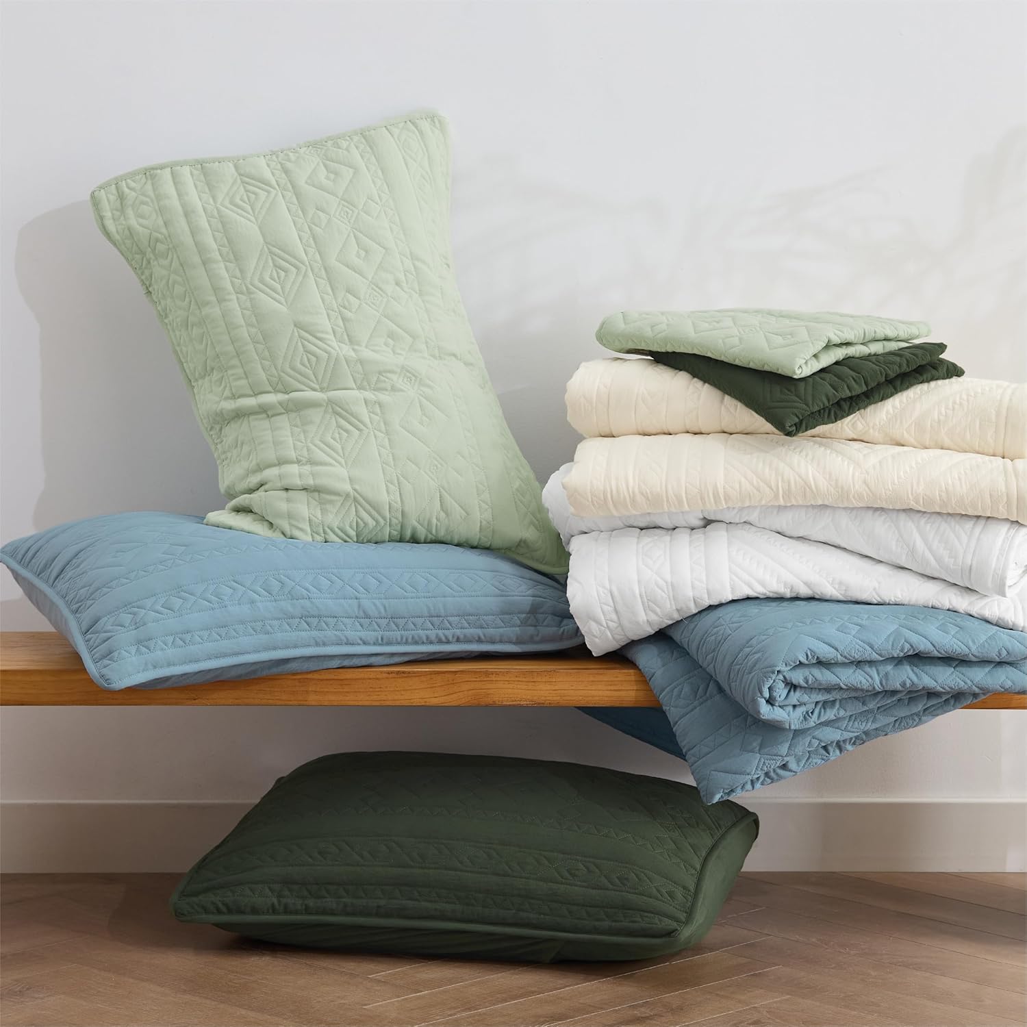 Bedsure Boho Quilt Queen Size - Lightweight Bedspread Queen Size with Geometric Stitched Pattern, Sage Green Farmhouse Soft Bedding Set Coverlet with 2 Pillow Shams for All Seasons, 90x96 inches