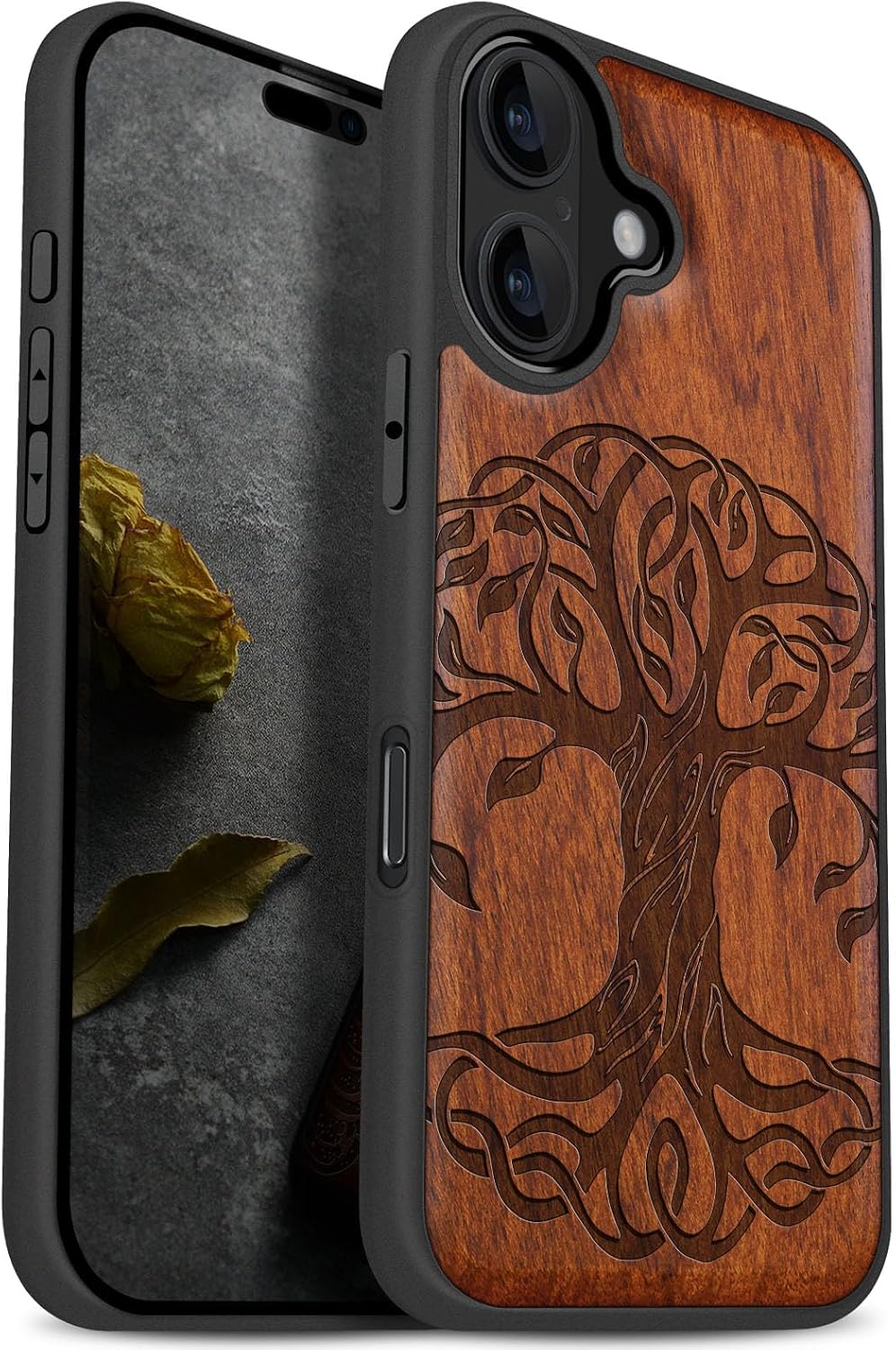 Carveit Magnetic Wooden Case for iPhone 17 Case, Wood Artisan Engraved & Black Soft TPU Shockproof Cover, Compatible with MagSafe Wireless Chargers (Wolf Head) Blackwood