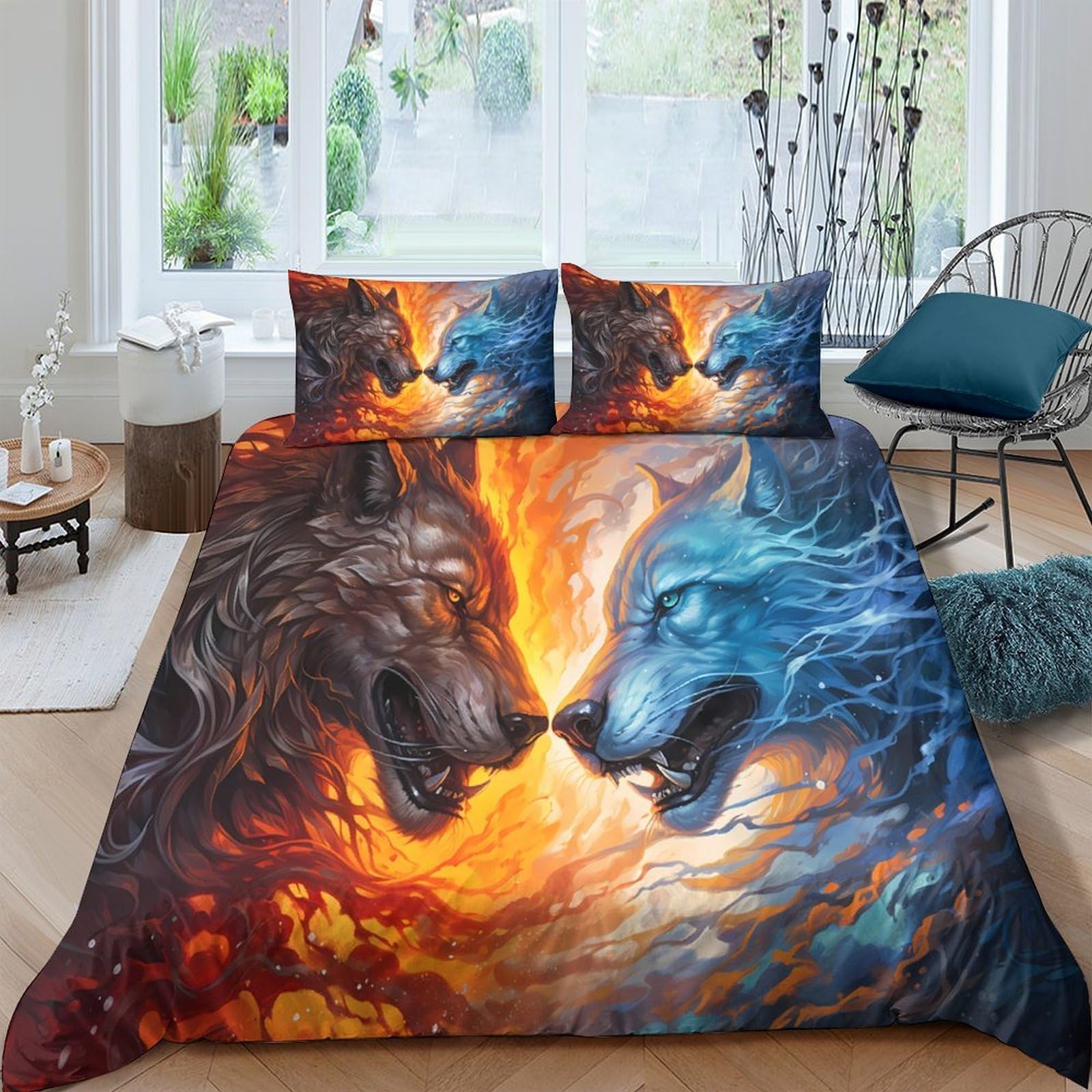 TUFRTGYHN 3D Printed Fire Wolf Duvet Cover Microfiber Soft Breathable Ice Wolf Bedding Set with 2 Pillowcases for Bedroom Decor Single（135x200cm）