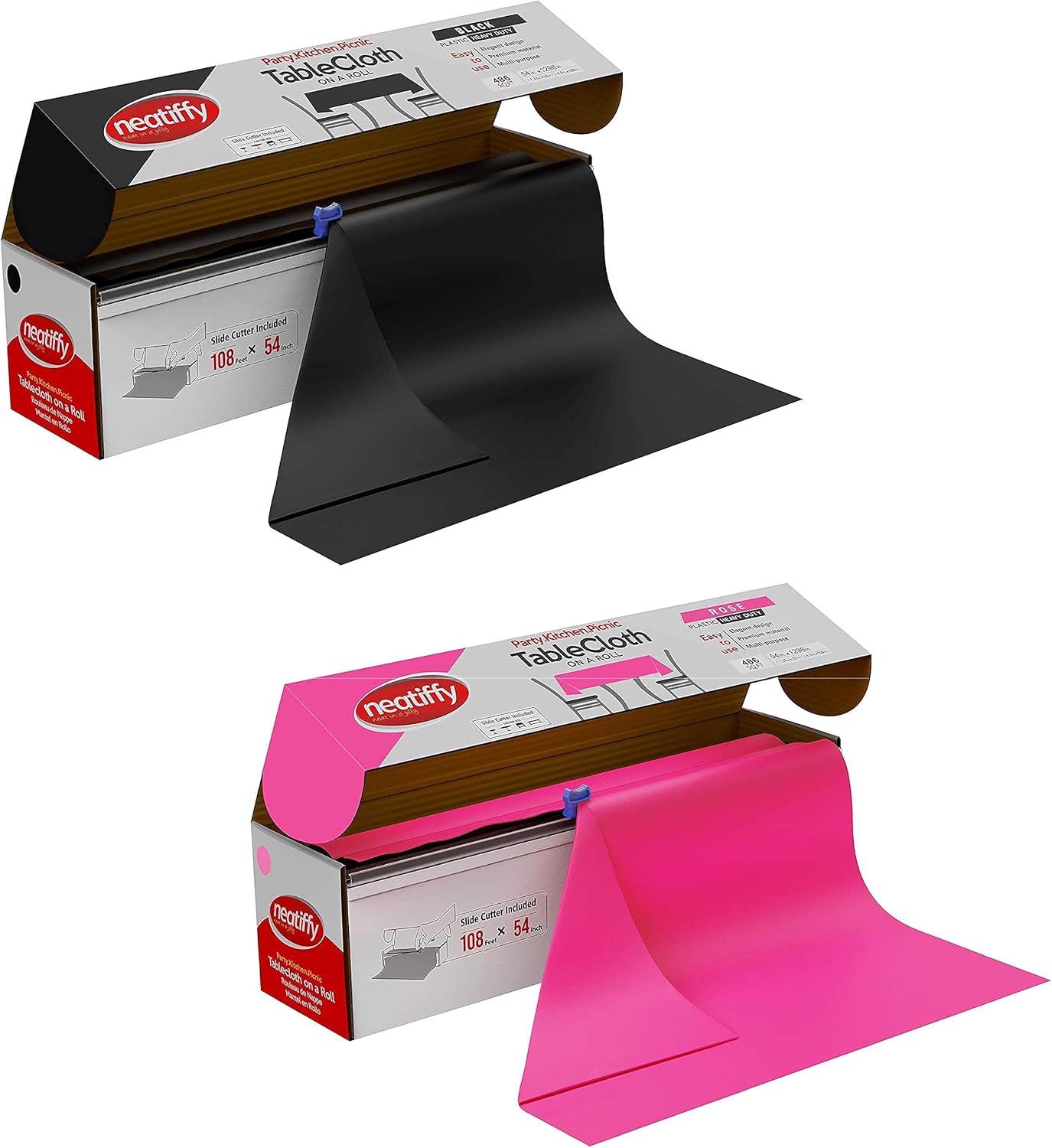 Neatiffy Disposable Plastic Table Cloth Roll | 54 in x 108 Ft Waterproof Tablecloth | Table Cover for Rectangle, Square, Round Oval Tables | Picnic, Party, Banquet- Black, Pink