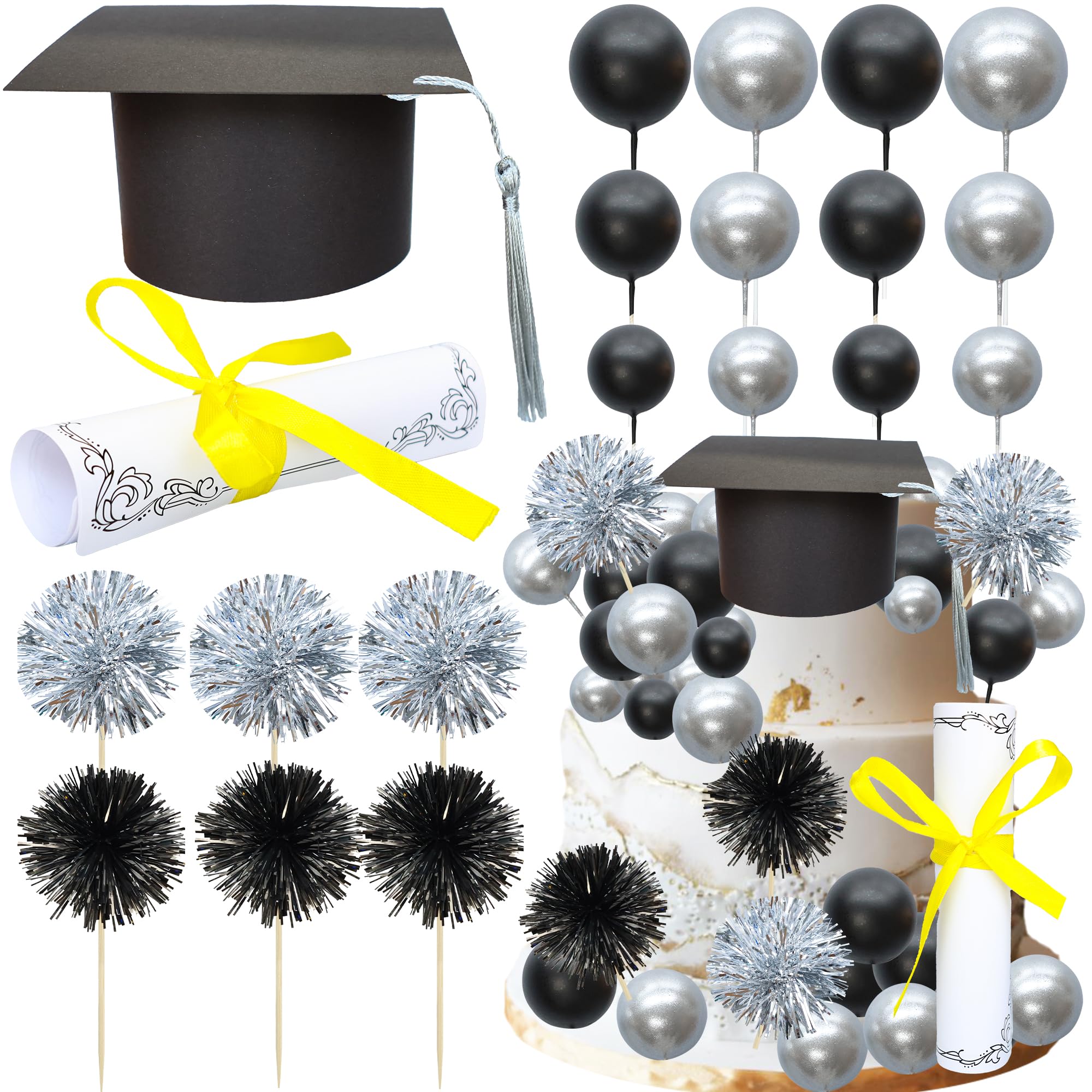 Ephlyn 42 Pack 2026 Graduation Cake Toppers Grad Cap Diploma Balls Tassel Firework Congrats Grad Cake Decorations for 2026 High School College Senior