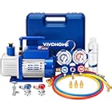 VIVOHOME 110V 1/4 HP 3.5 CFM Single Stage Rotary Vane Air Vacuum Pump and R134a AC Manifold Gauge Set Kit for HVAC Air Conditioning Refrigeration Recharging, Blue