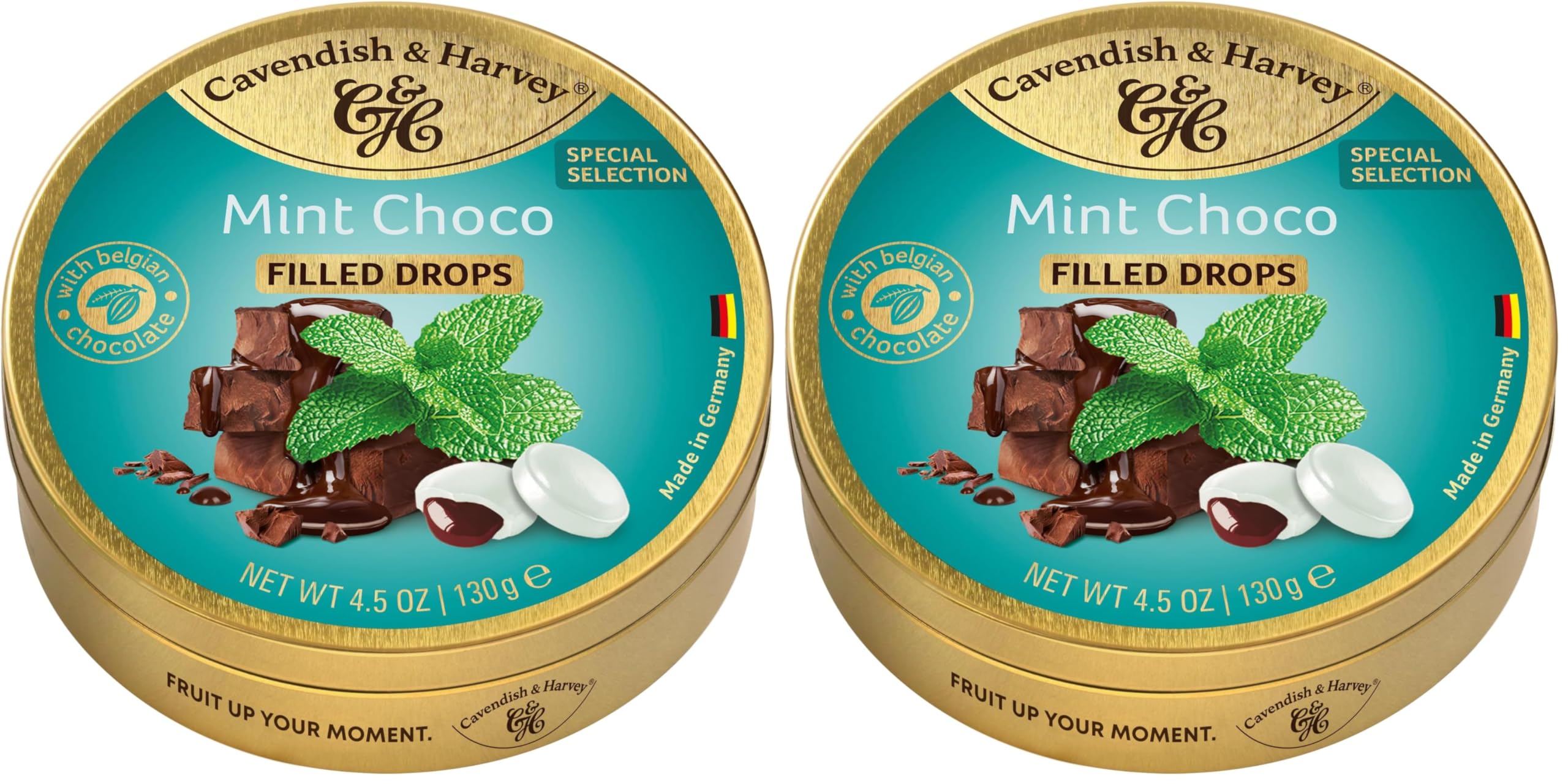Cavendish & Harvey Mint Choco Drops 130g Dose | Special Edition | Pfefferminzbonbons mit Schokoladefüllung | Vegan, Halal, Koscher | 1 x 130g (Packung mit 2)