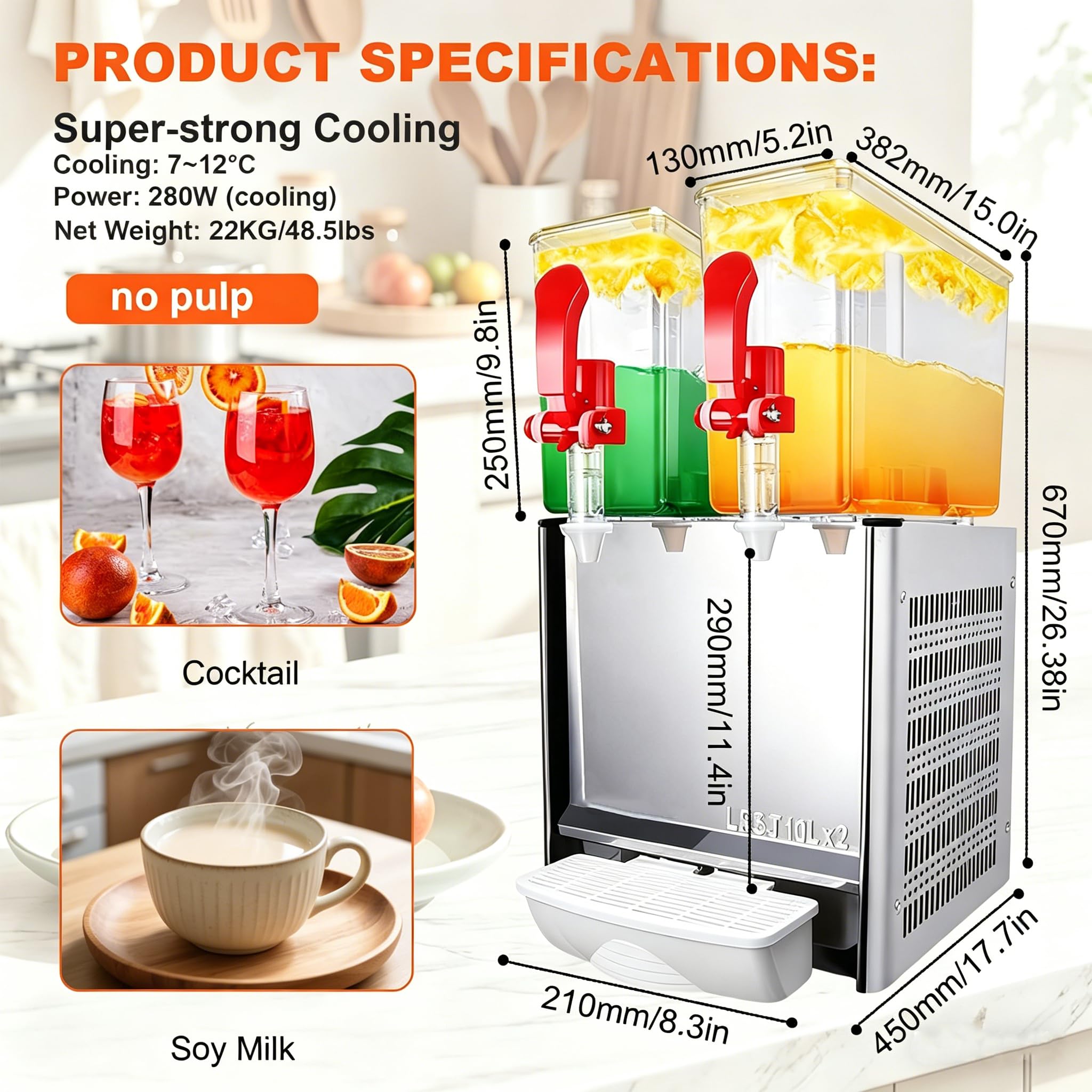 Distributore di bevande, distributore di bevande refrigerate commerciali con controllo termostato, dispenser per succhi di frutta, punch e limonata in acciaio inossidabile, 1-4 serbatoi