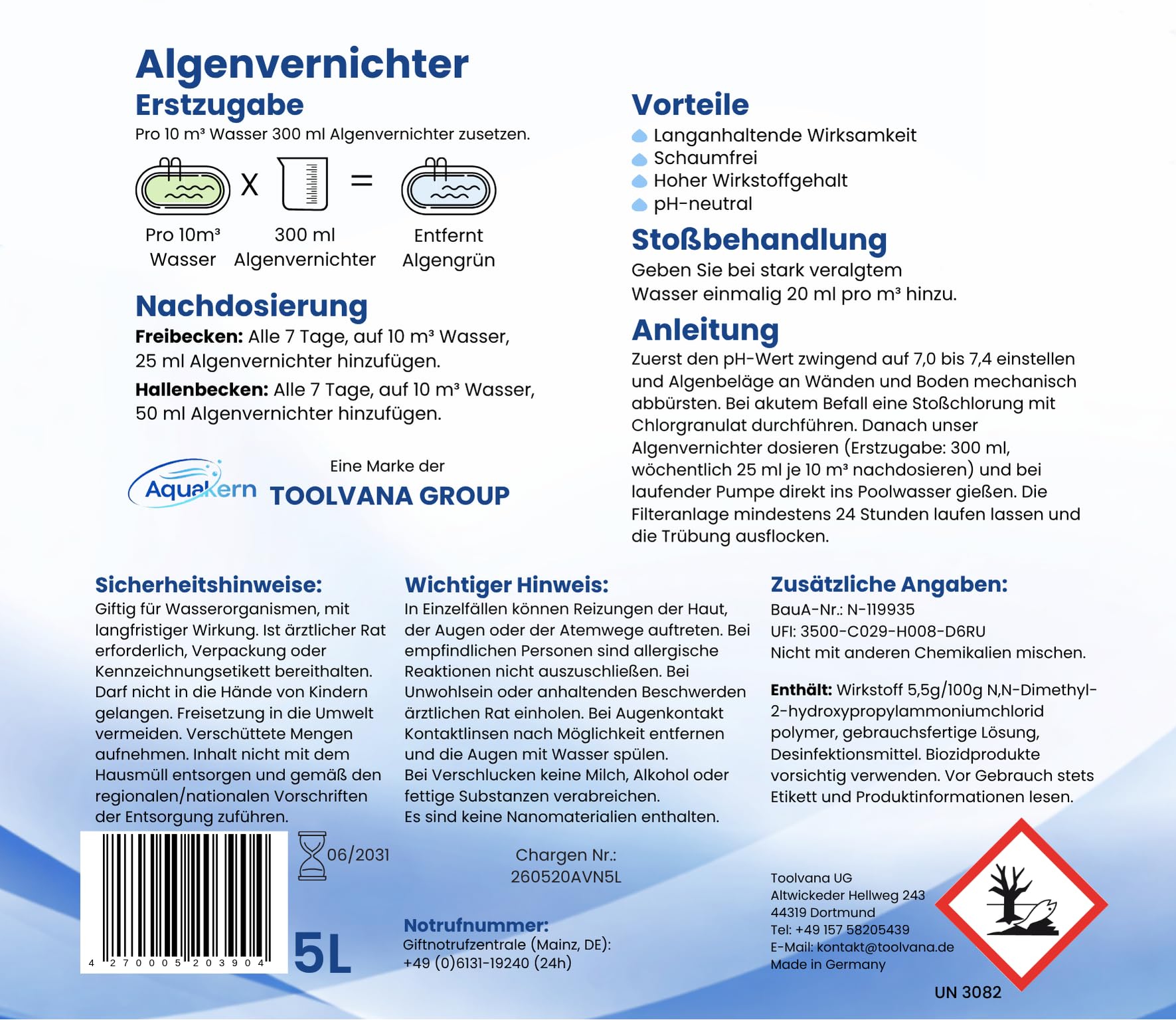 Algenvernichter 5L [mit Aqua KLAR KOMPLEX] entfernt Grünbelag | Algizid bei Grünalgen | Für mehr als 150.000 Liter | Schaumfreier Algenverhüter | Algenschutz für Pool | Made in Germany