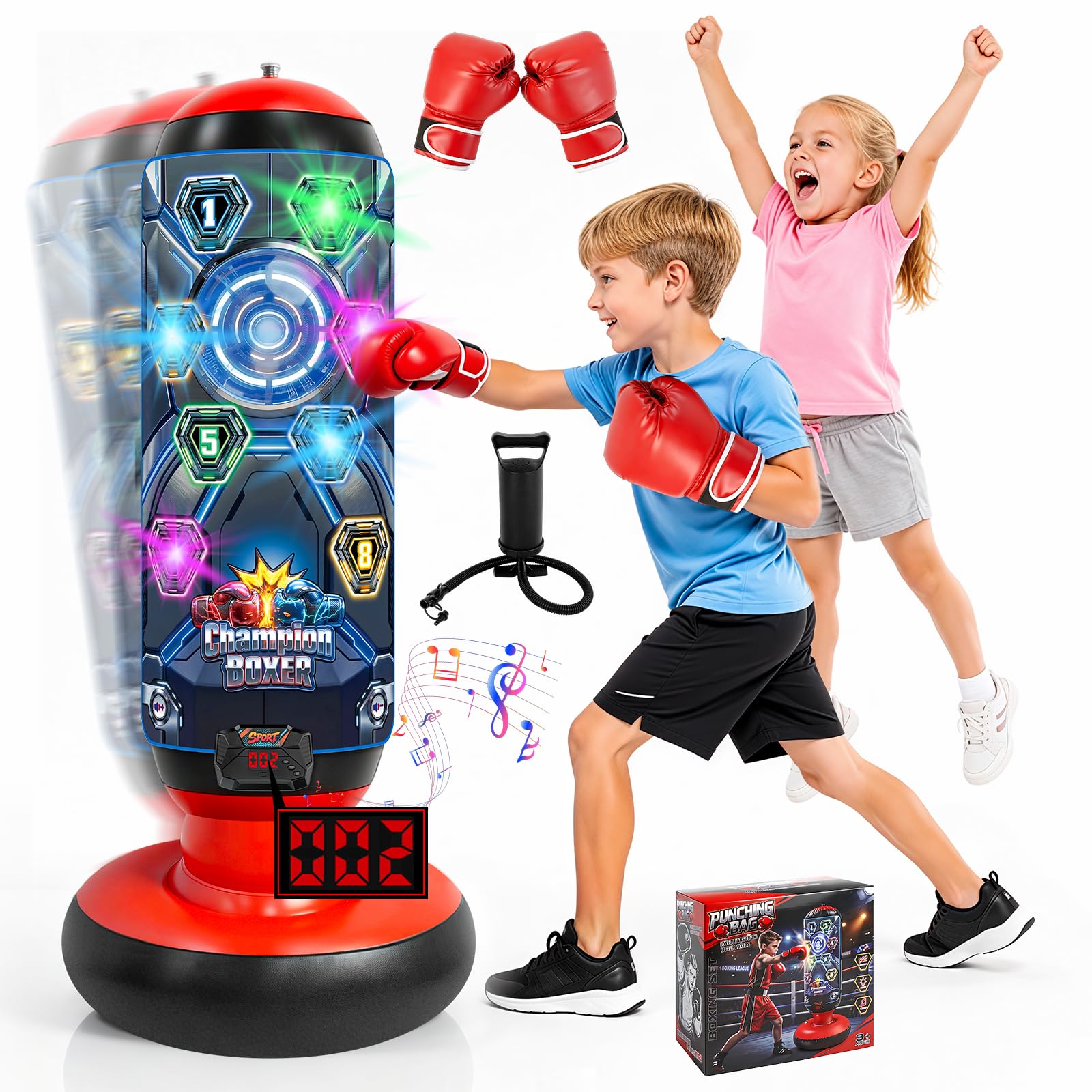 FOTSHARER Kids Punching Bag with Gloves & Pump, Inflatable Boxing Set Electronic Boxing Bag with Music & Lights, Freestanding Martial Arts Toy with 4 Smart Game Modes, Birthday Gift for kIds