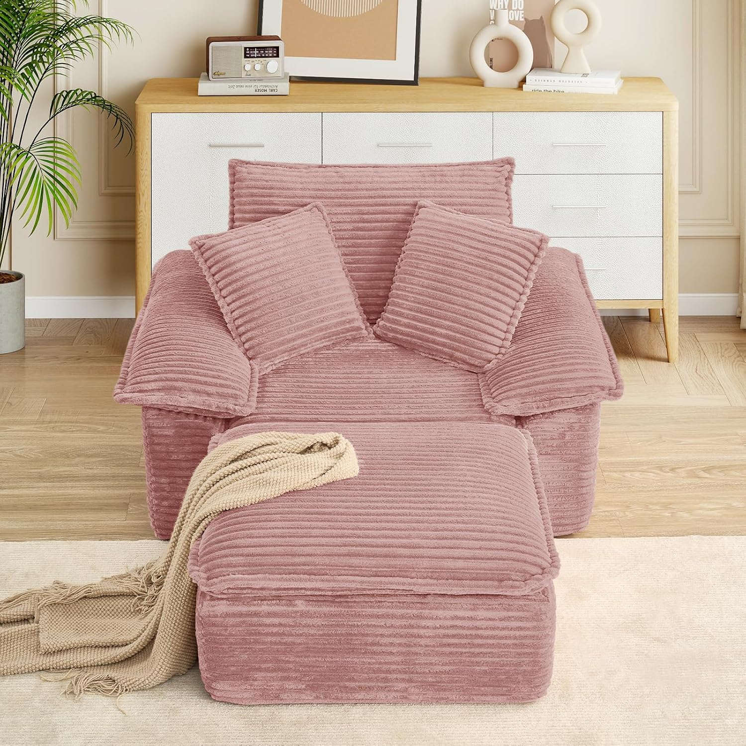 Oversized Chaise Lounge Chair Indoor, Corduroy Comfy Sofa Chair with Ottoman & Wide Armrests, Fluffy Cloud Boneless Chairs, Upholstered Modern Armchair for Living Room, Bedroom, Aparment(47"W, Pink)