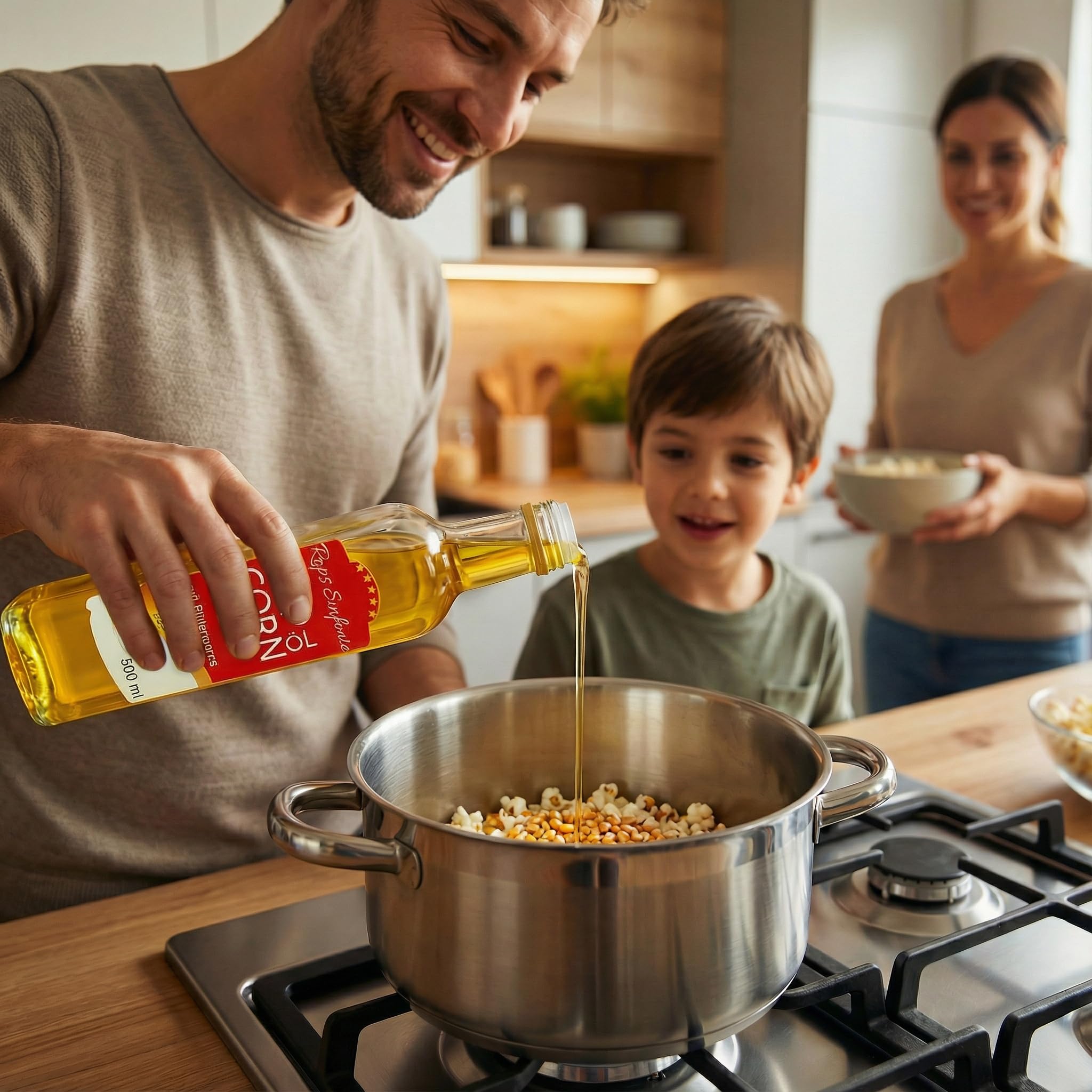 Hopser Food Fun 250 ml aceite de palomitas de maíz con fino sabor a mantequilla natural y práctico pico vertedor Palomitas de maíz