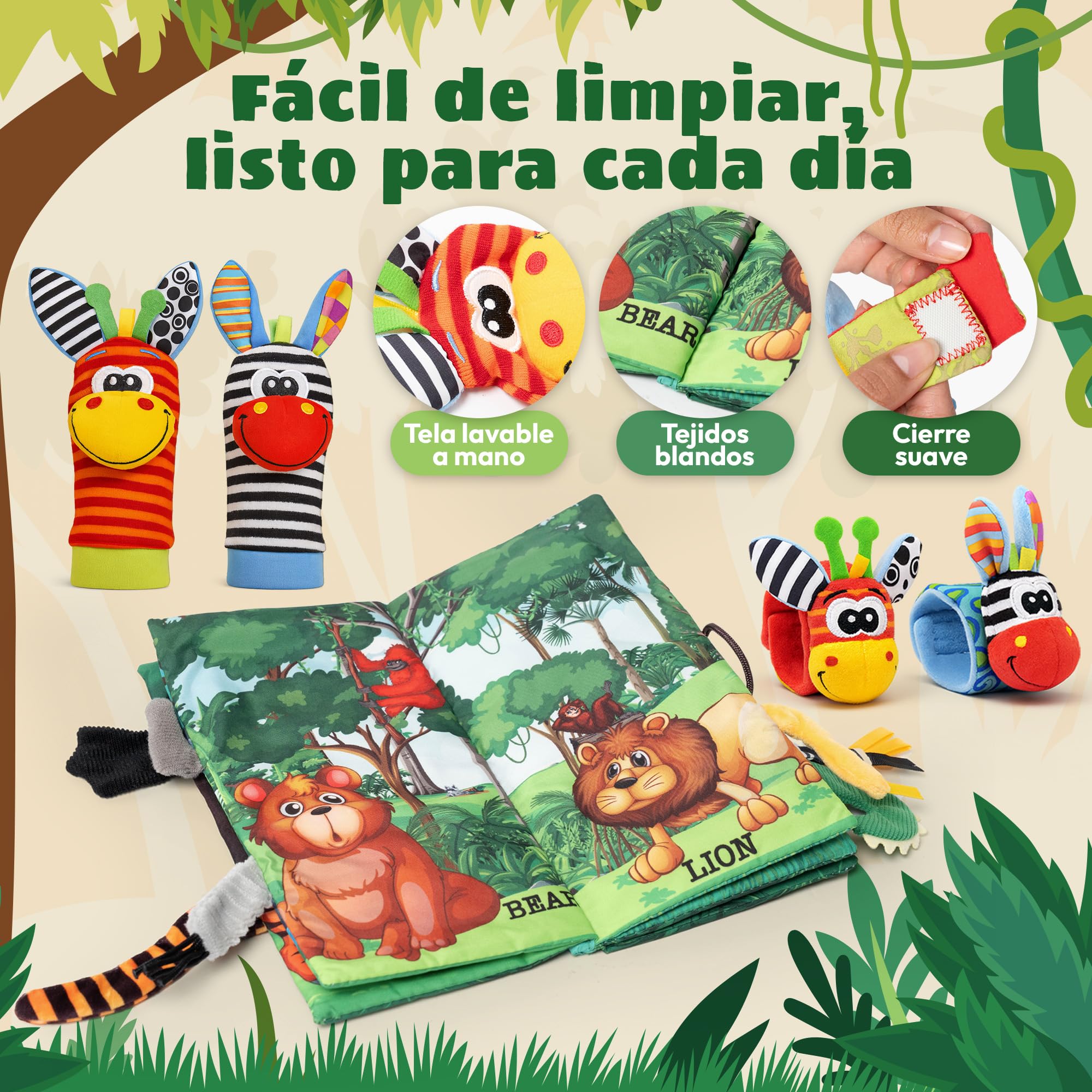Set Sensorial Premium para Bebés 0-12 Meses: Libro de Tela Interactivo Jungle Tails + Calcetines y Muñequeras con Sonajeros | Estimulación Temprana Multisensorial | Regalo Educativo