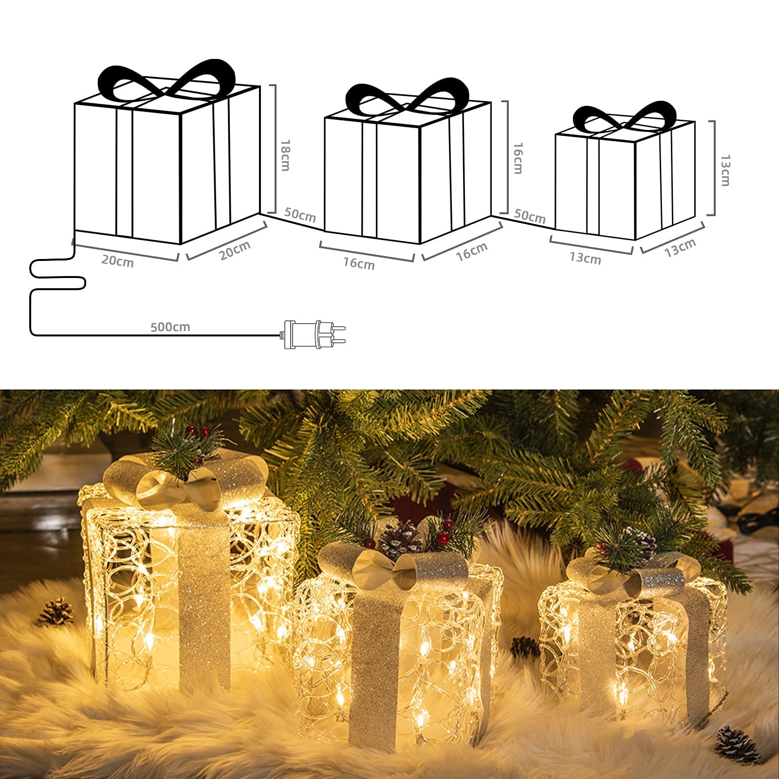 Lot de 3 boîtes de décoration de Noël LED blanches en acrylique pour l'intérieur et l'extérieur au sapin de Noël