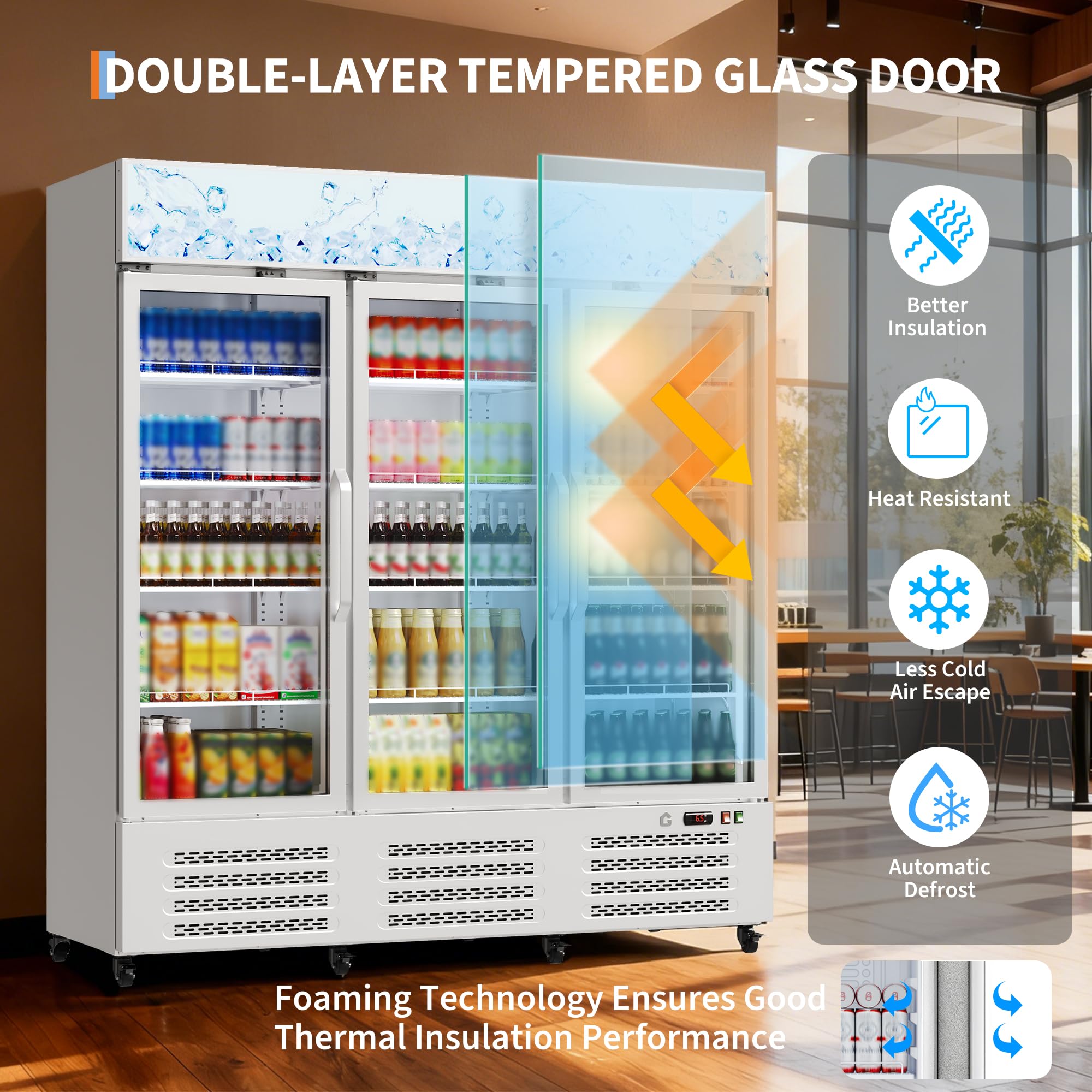 290 Gallon Three-Door Display Beverage Refrigerator With Lightbox, Metal Sheet Commercial Refrigerator With Adjustable Shelves, Locking Casters For Restaurants, Bars, And Retail Stores, White on Fridge.com - View 4