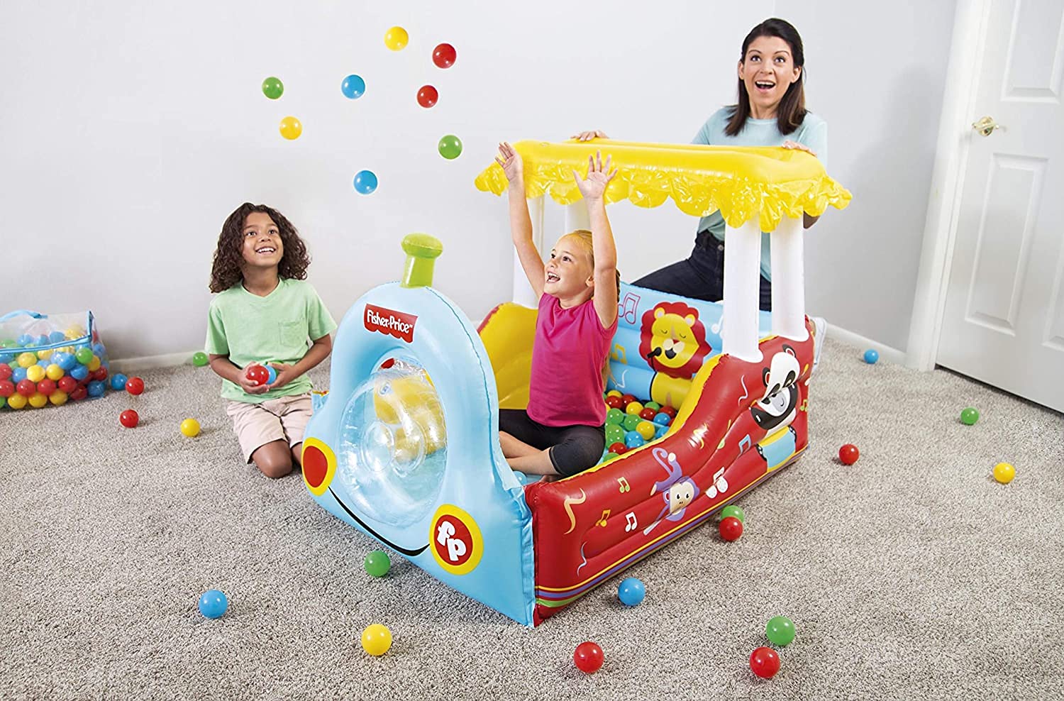 Bestway Fisher-Price aufblasbare Dampflok mit Bällebad inklusive 25 bunten Spielbällen, 132x94x89 cm, bunt 93537
